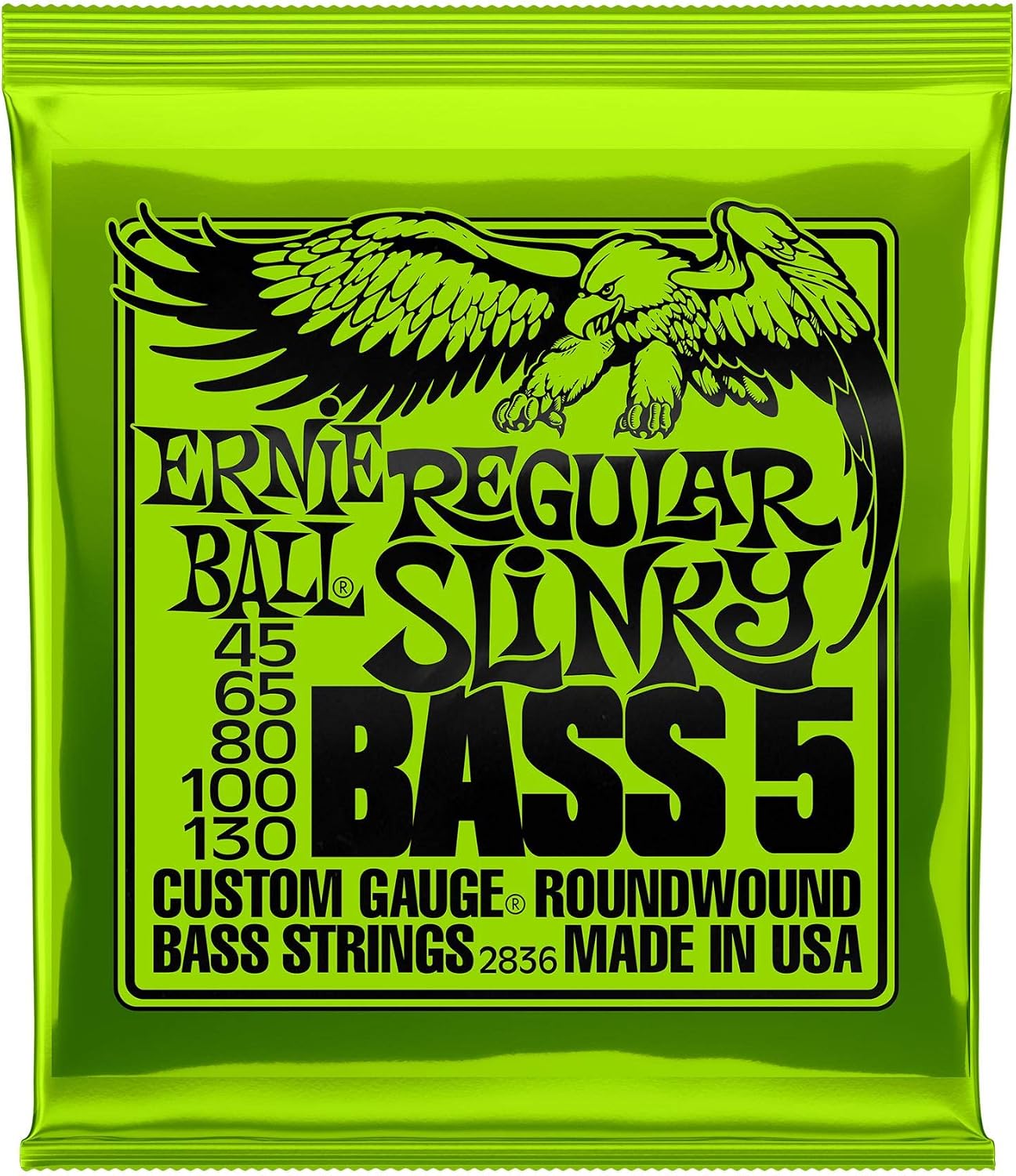 Detalle de Ernie Ball Regular Slinky 5 cuerdas para bajo eléctrico: cuerdas entorchadas en níquel, calibre 45-130