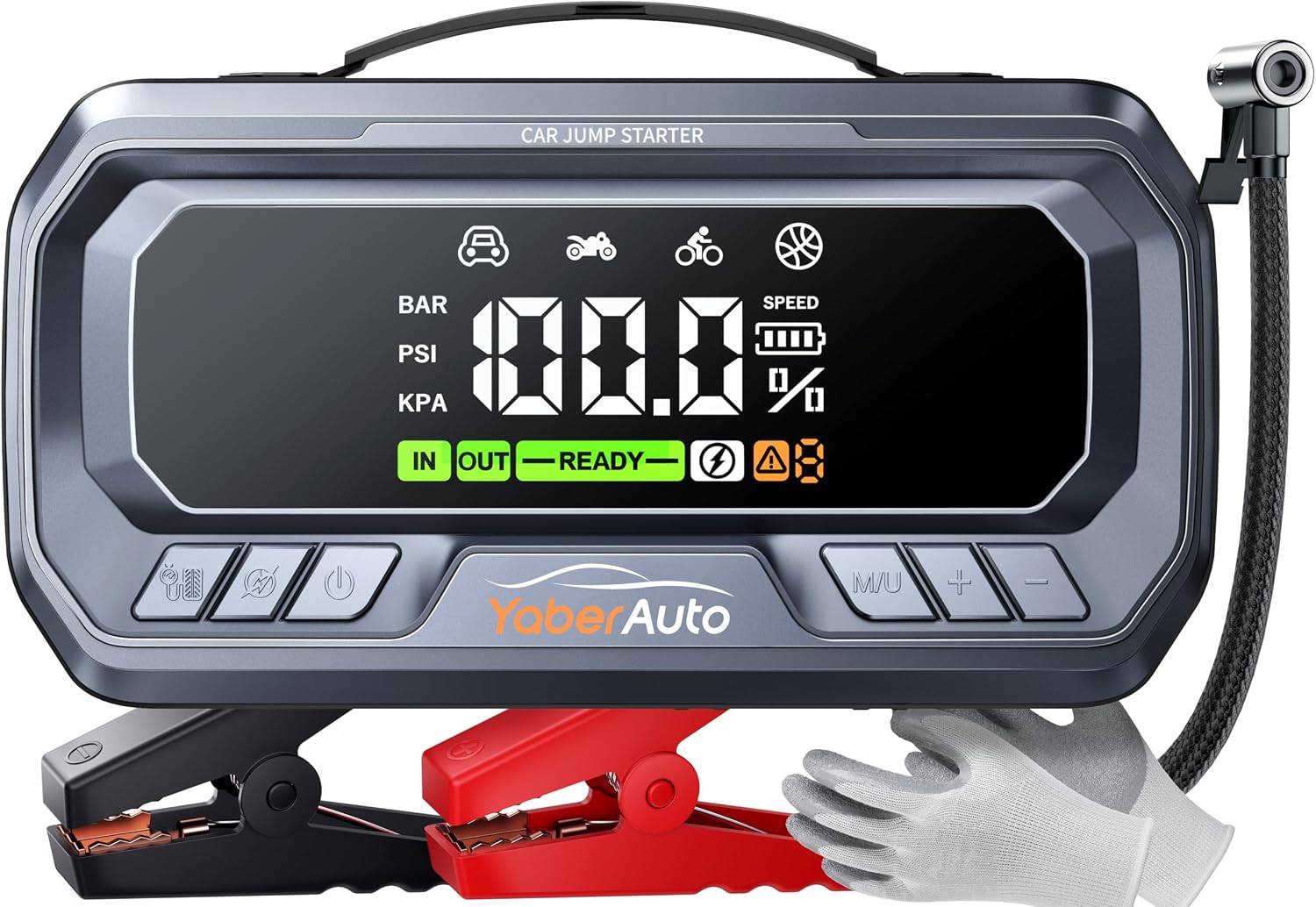 Detalle de YaberAuto YA90 Avviatore auto 8000A (26800 mAh) con compressore 160 PSI, booster PD65W e luce 600 lm
