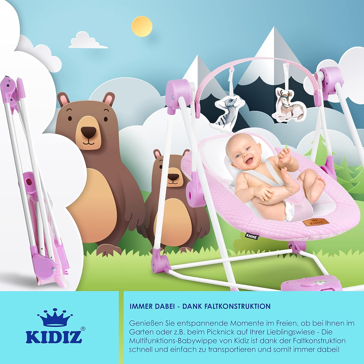 Thumbnail 4 de KIDIZ Babywippe Babyschaukel mit 5 Geschwindigkeiten – faltbar, mit Spielbogen und 5 Naturgeräuschen (Pink)
