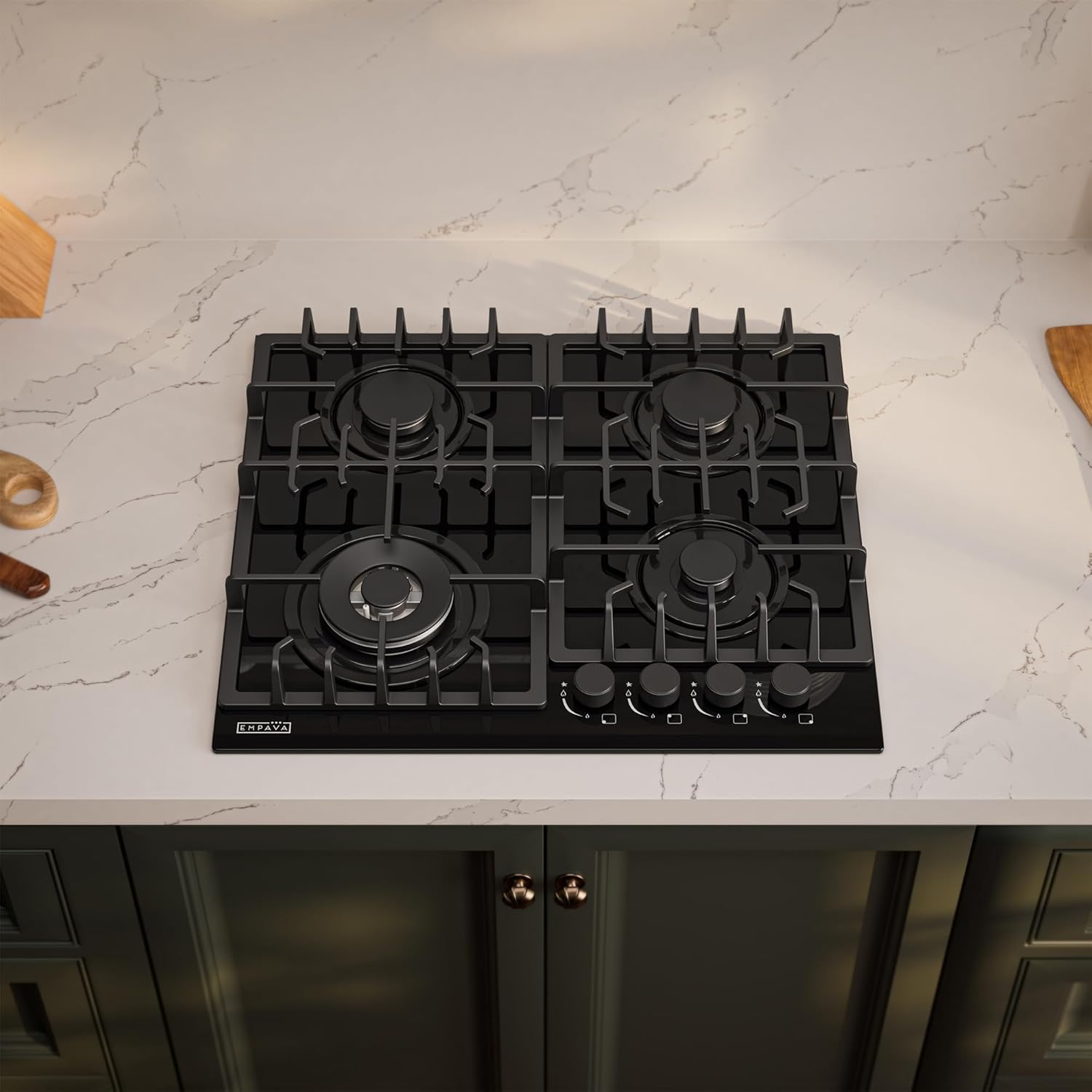 Thumbnail 2 de Empava 24-Inch Built-In Gas Cooktop, Four SABAF Burners, Black Glass