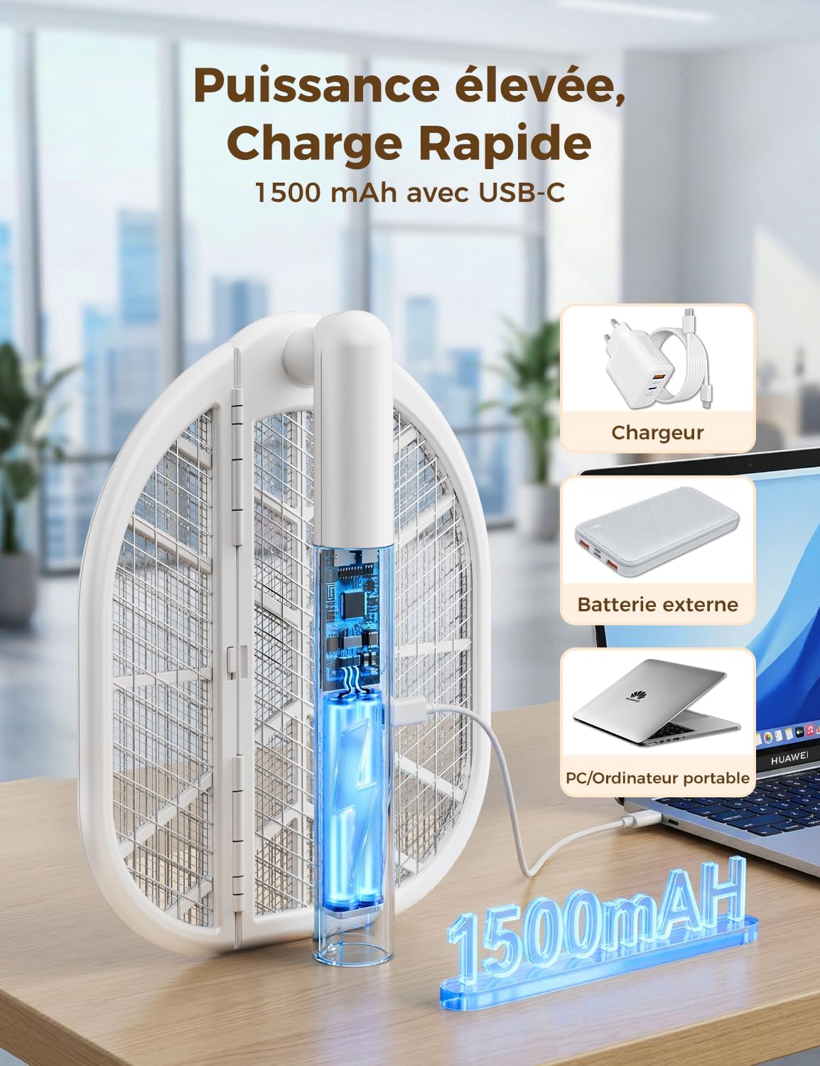 Detalle de AROEVE Raquette Électrique Insectes Pliable 4000V Lumière Bleue