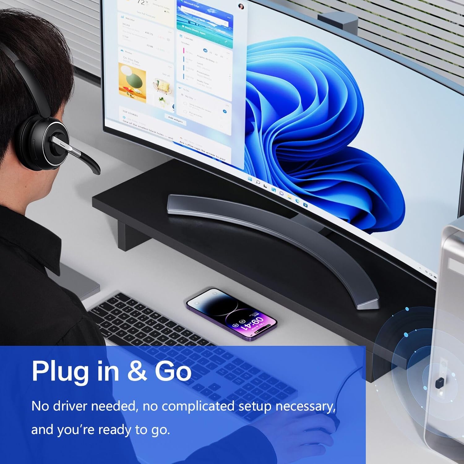 Detalle de OTYHVV KH122M Wireless Work Headset with AI Noise-Canceling Mic and USB Dongle