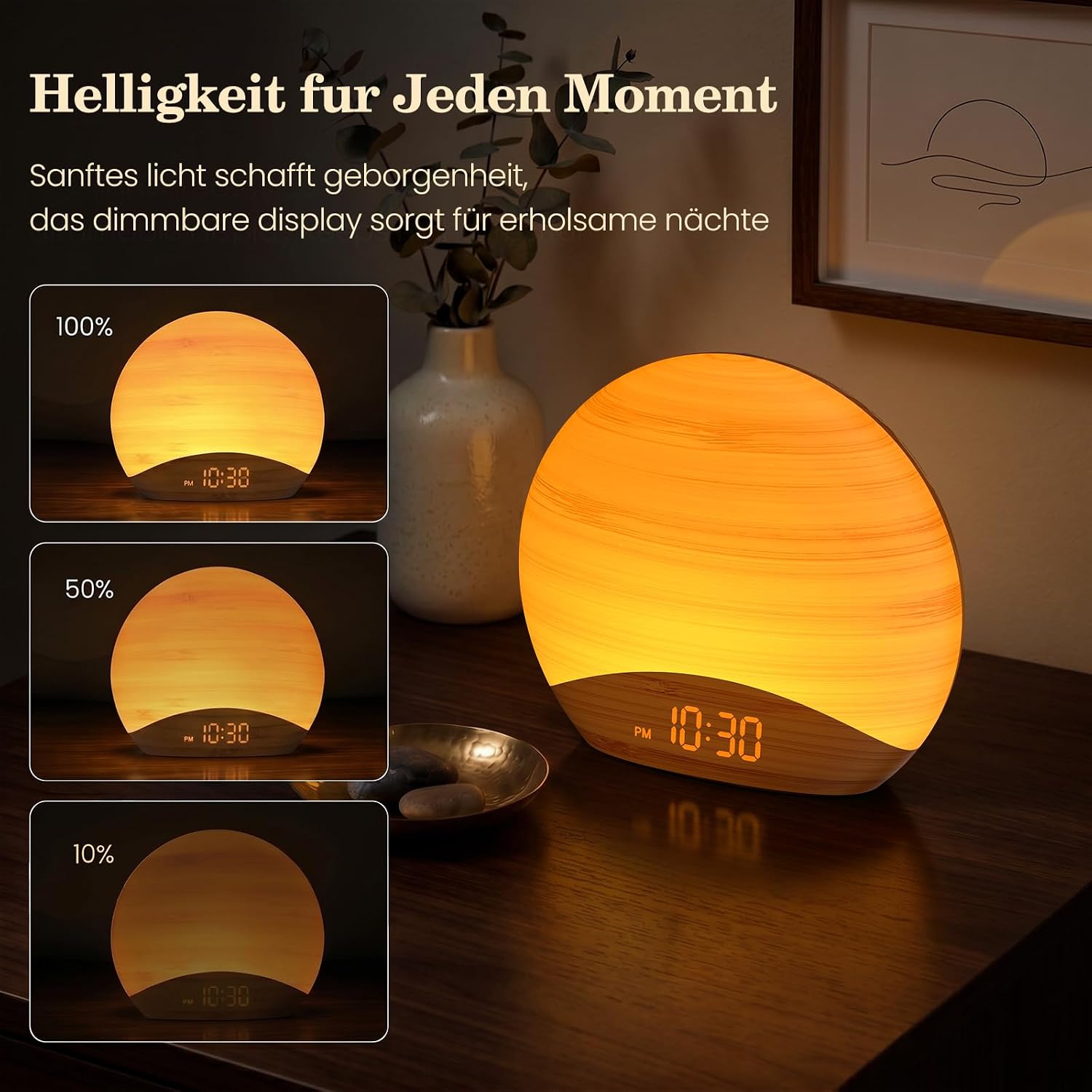 Detalle de REACHER Lichtwecker Sonnenaufgang mit Nachtlicht, 0–100% dimmbar, 26 beruhigende Klänge