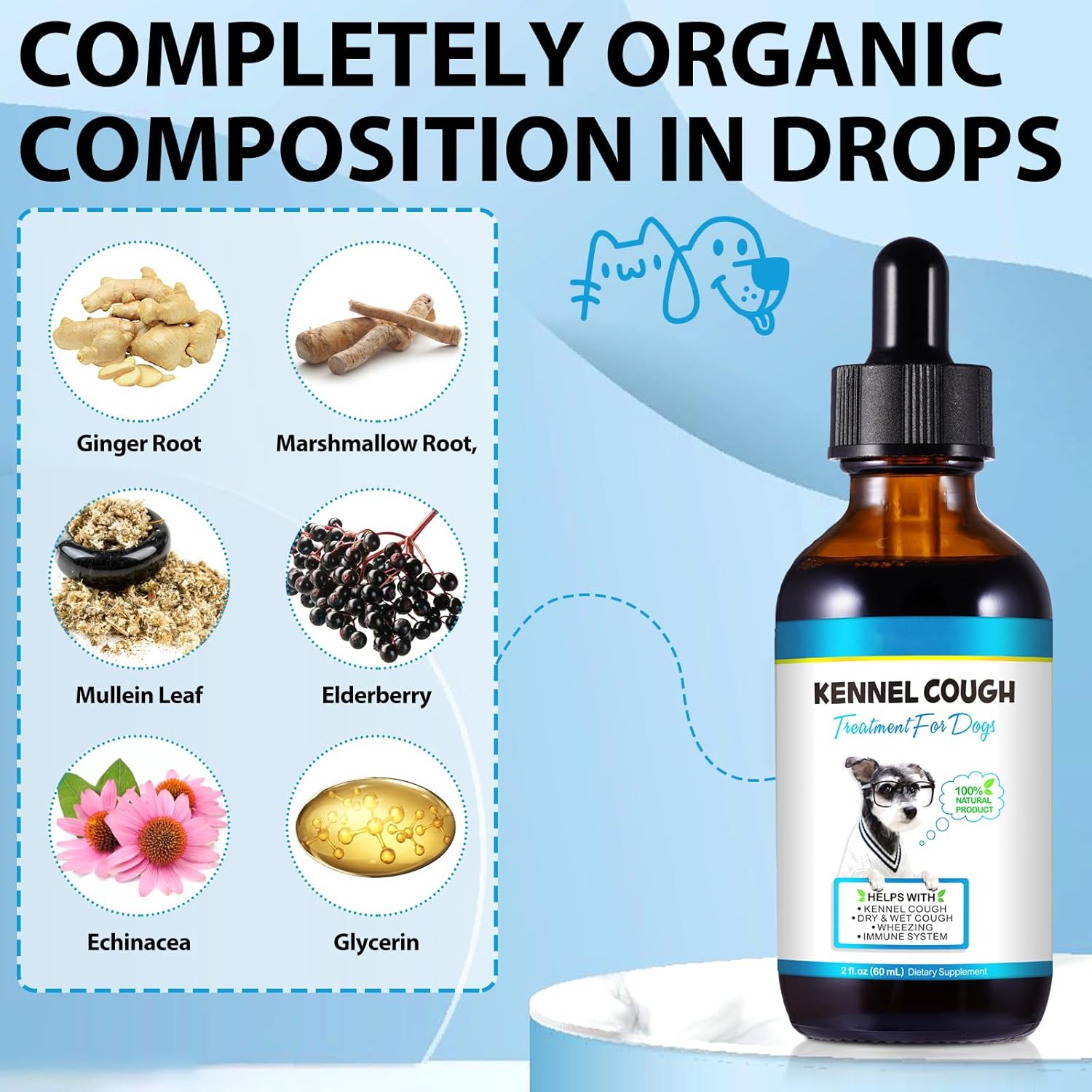 Detalle de Kennel Cough Treatment for Dogs (plant-based drops with ginger, marshmallow root, mullein & elderberry)