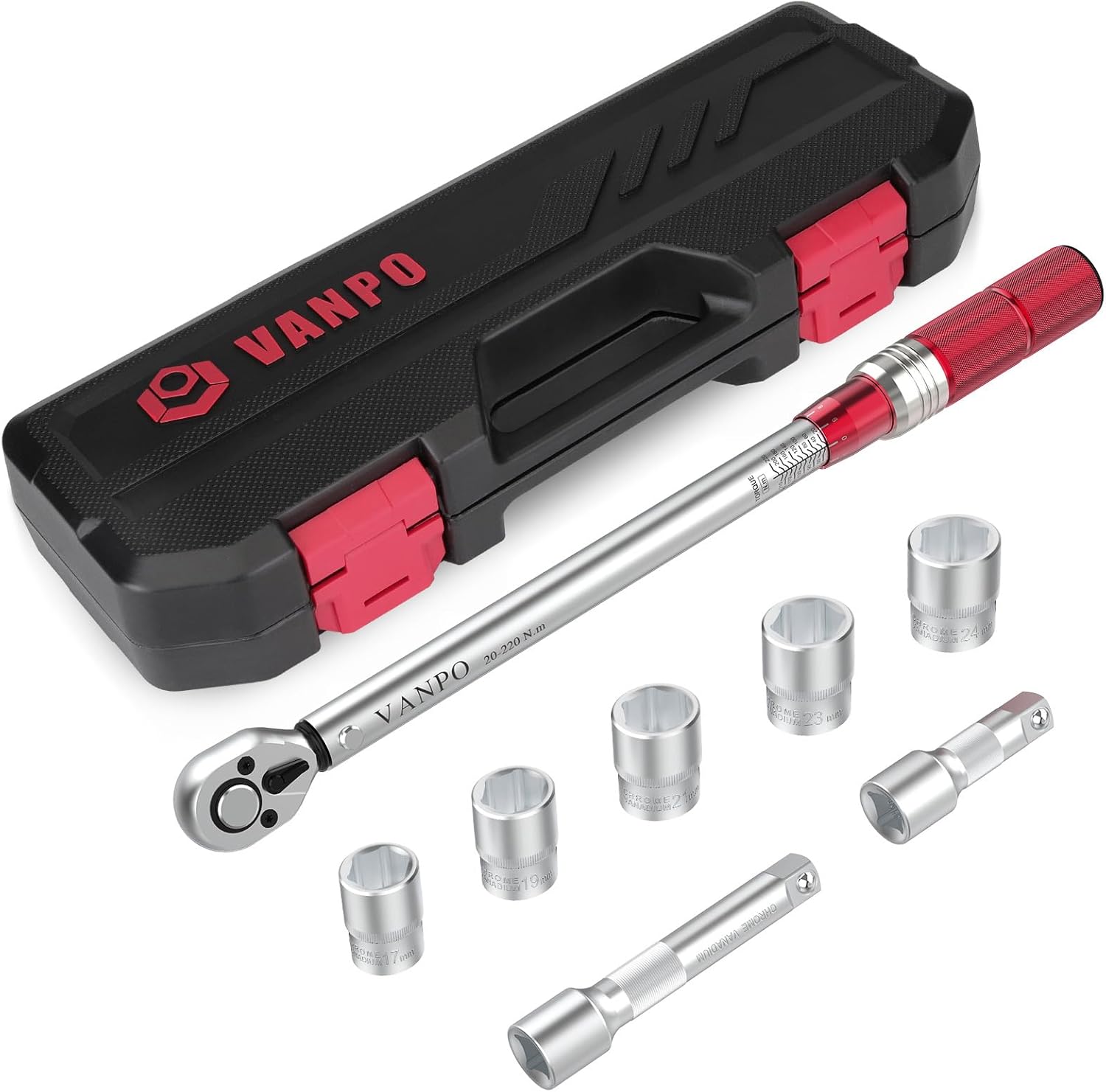 Detalle de VANPO Drehmomentschlüssel 1/2" – 20–220 Nm, 8-tlg. Set mit Verlängerungen und 5 Stecknüssen (17–24 mm)