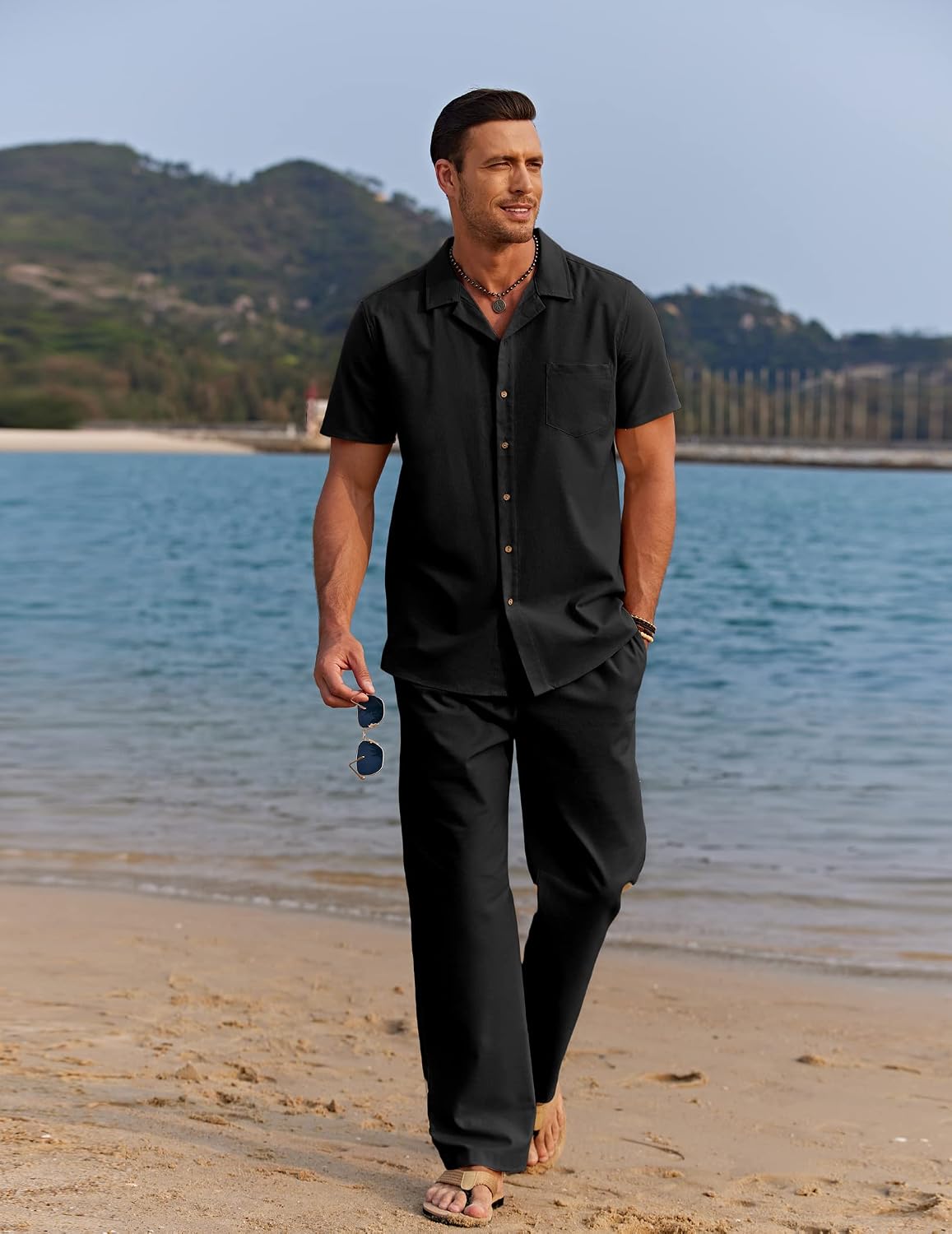 Detalle de COOFANDY Men Linen 2-Piece Beach Outfit Set (Camp Collar Button-Down Shirt + Loose Pants)