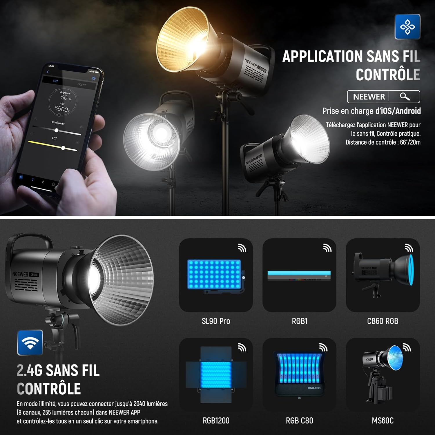 Detalle de NEEWER CB60B 70W COB Video Light – éclairage bi-colore 2700K-6500K avec contrôle 2.4G et compatibilité Bowens