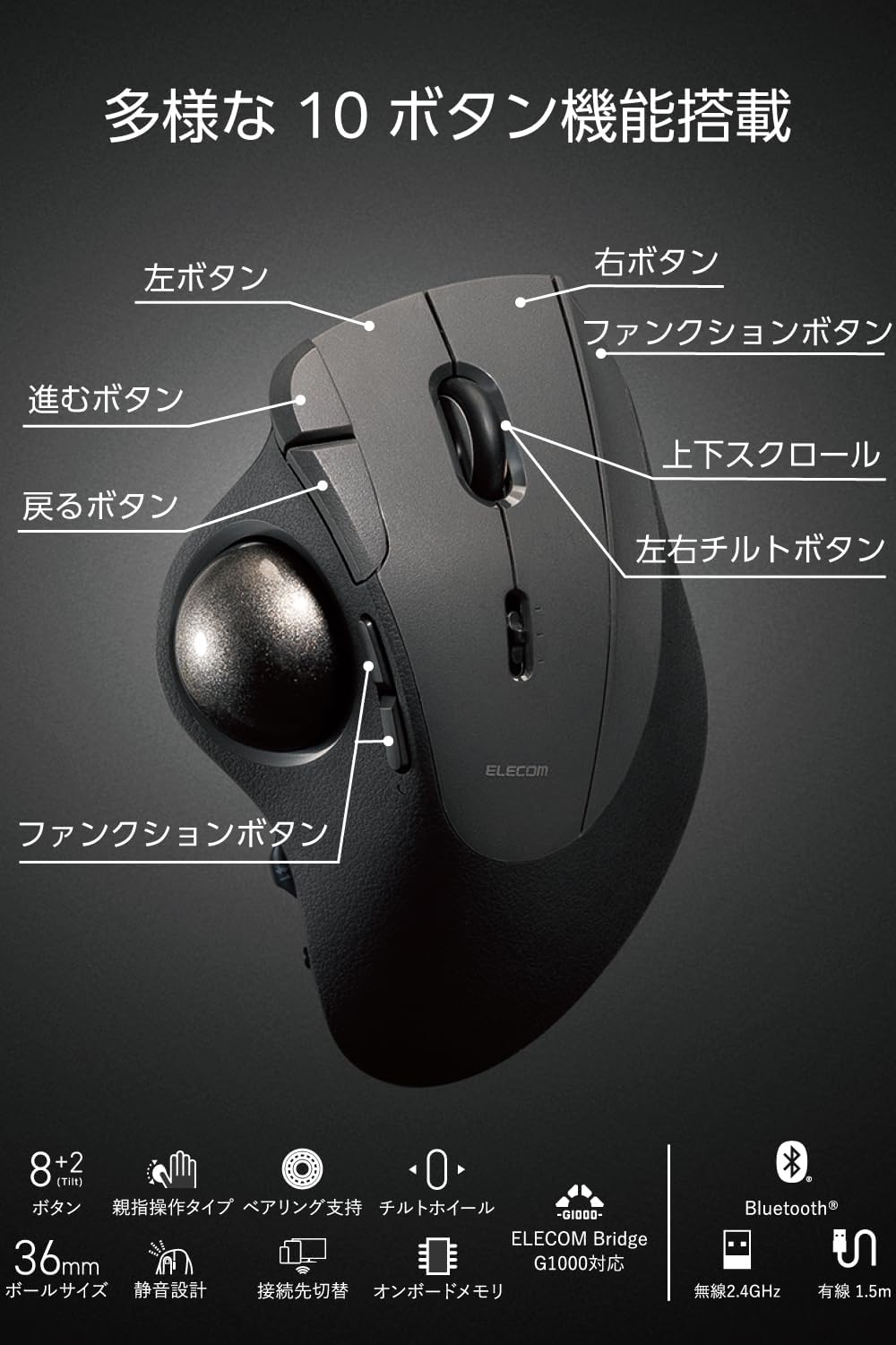 Detalle 2 de エレコム IST PRO M-IPT10MRSABK 静音トラックボールマウス 10ボタン・最大6台切替対応