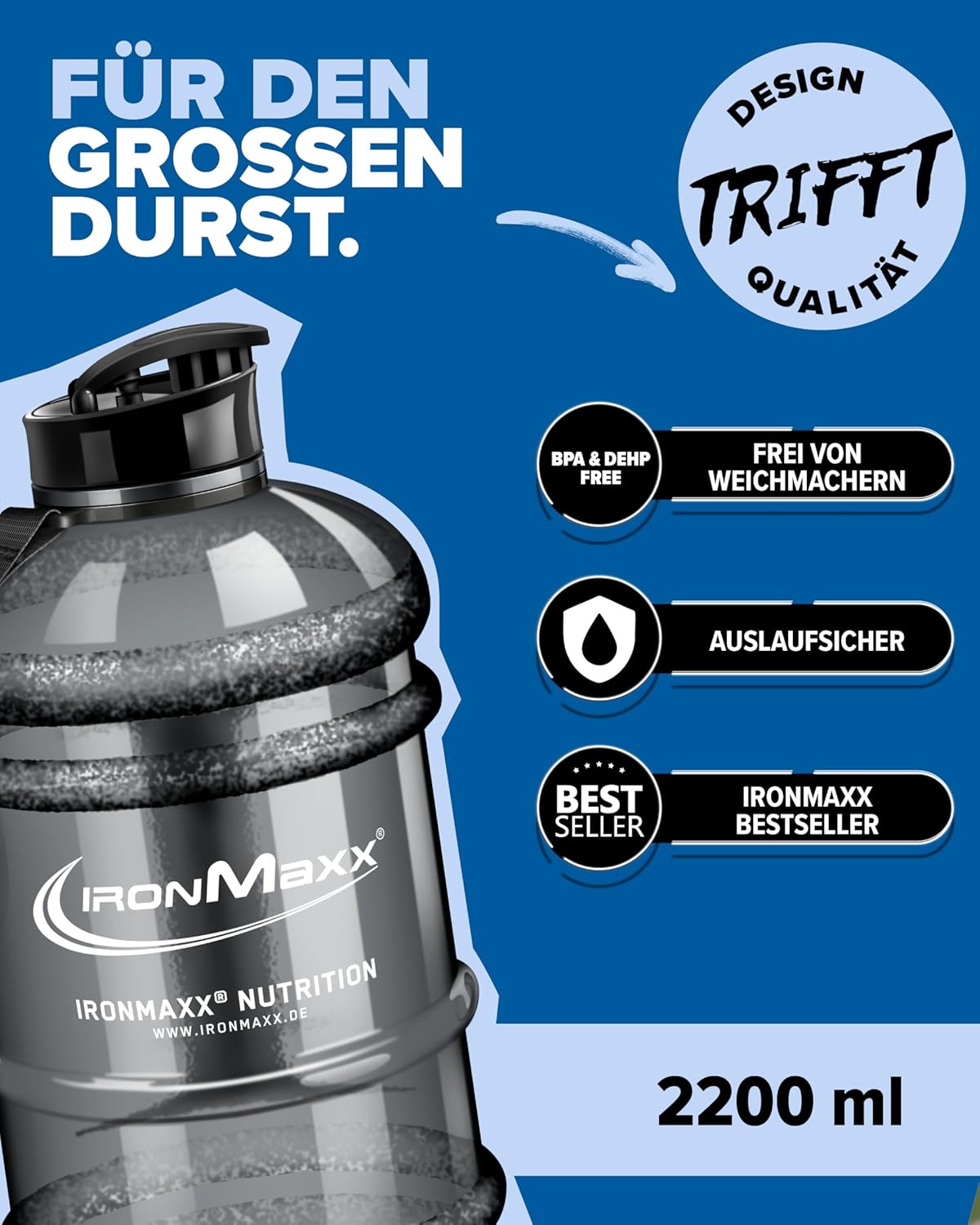 Thumbnail 2 de IronMaxx Water Gallon Grau 2200ml – Auslaufsicher, BPA- & DEHP-frei
