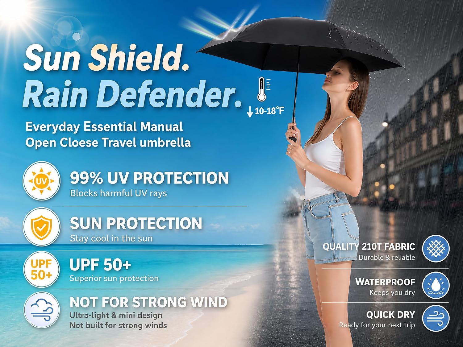 Detalle 2 de BAODINI Travel Essentials Mini Umbrella: Ultralight UV-Blocker Wallet-Size Protection
