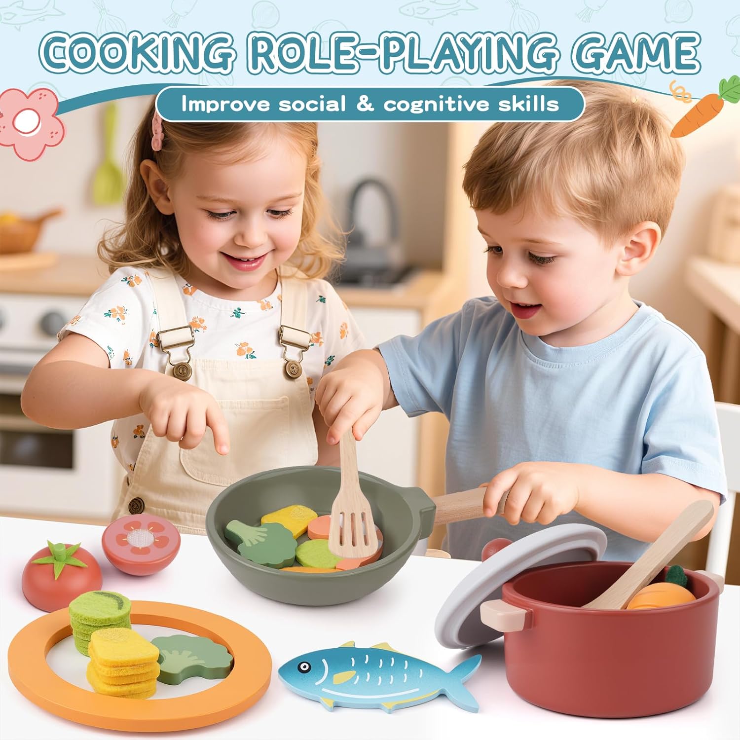 Detalle de JOYSINTOY Set da cucina giocattolo in legno per bambini (pentole, padelle e accessori)