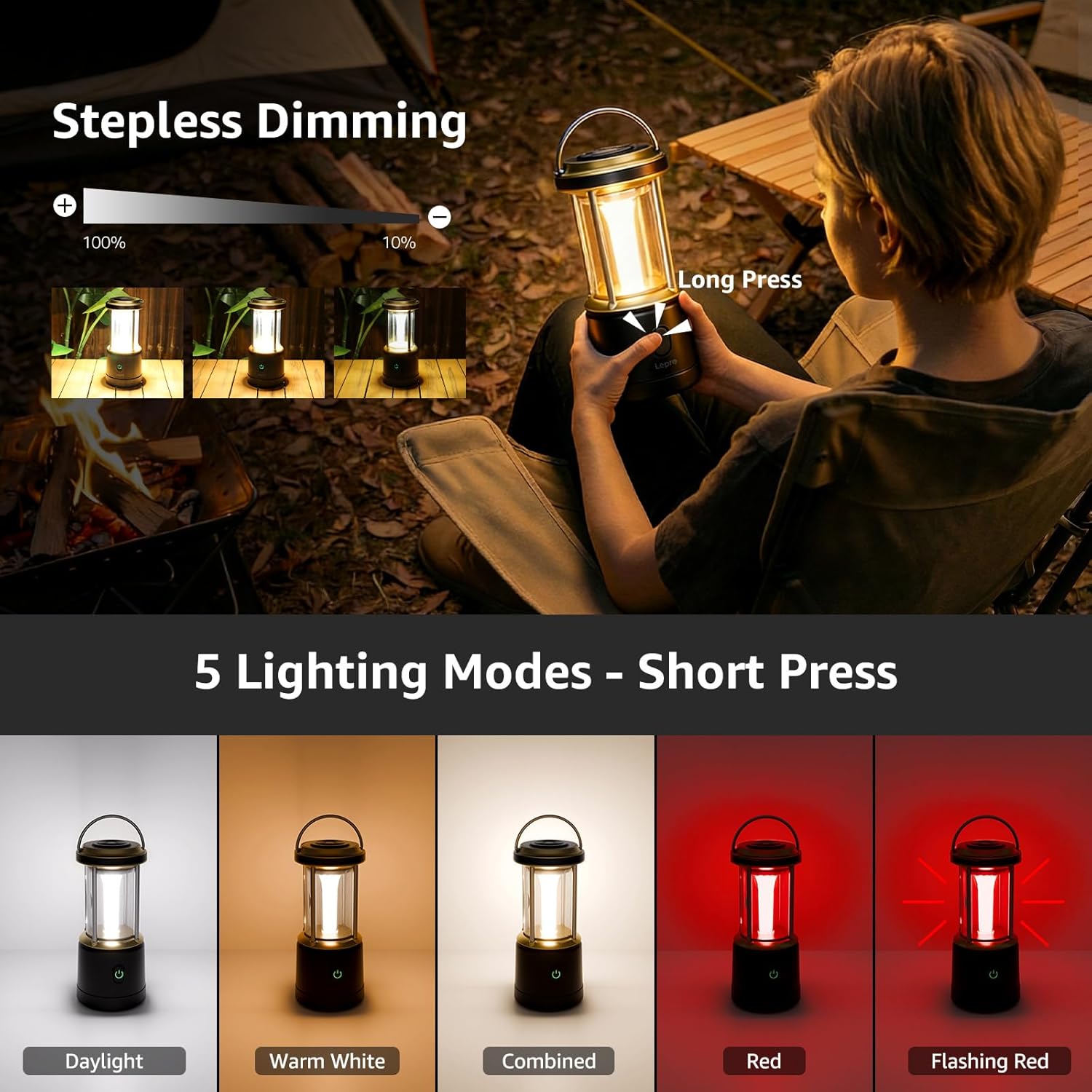Detalle de Lepro Lanterne Camping LED 1100 lm — lampe portable 360°, 5 modes et étanche IPX4