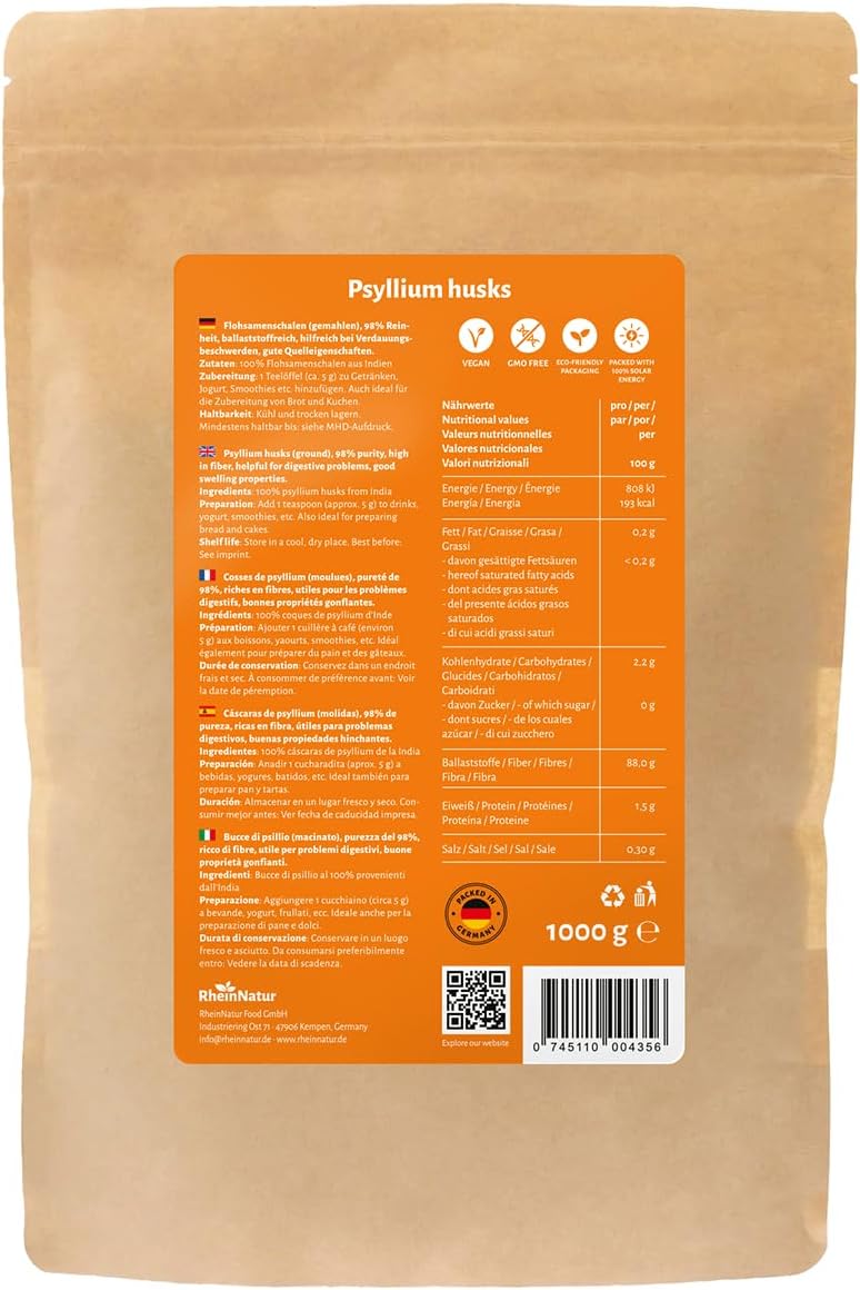 Detalle 2 de RheinNatur Psylliumskal 1 kg – finmalet pulver för bakning, fiberrikt och växtbaserat