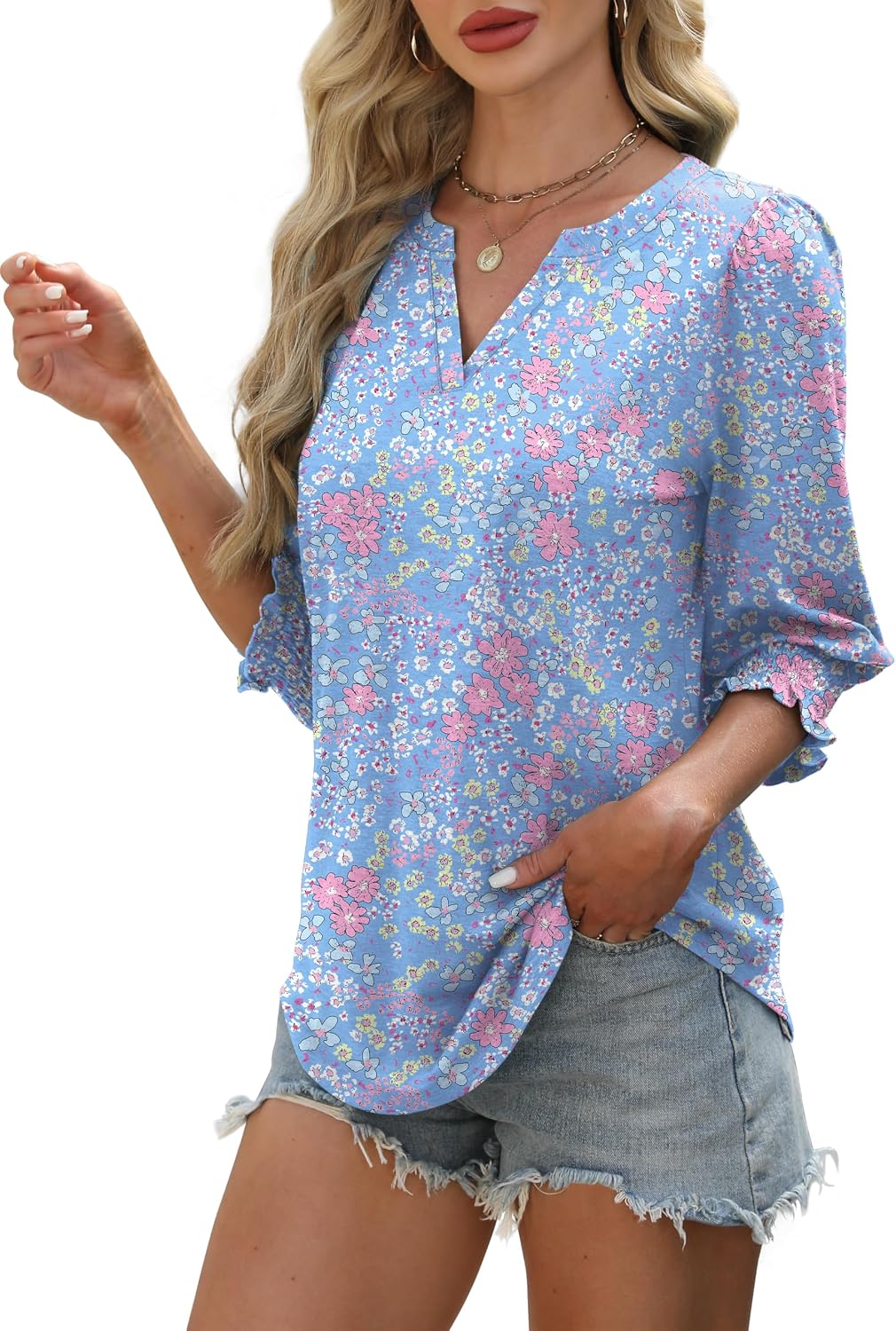 Detalle de Aokosor Women's 3/4 Sleeve V-Neck Puff Sleeve Blouse — Office-Ready Tunic