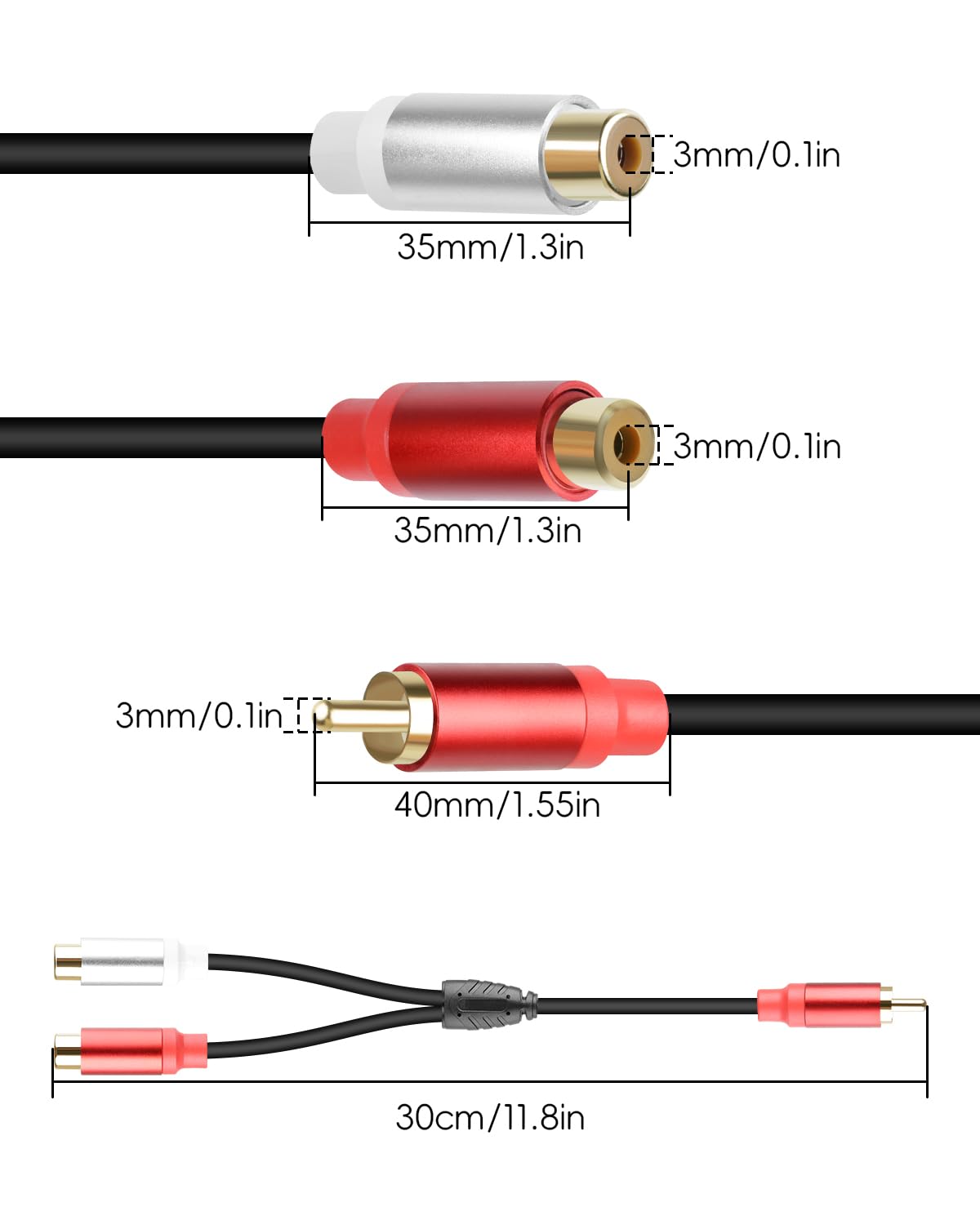 Thumbnail 5 de 2Pack RCA Splitter GELRHONR (1 Male to 2 Female) – Phono Y Adapter Cable for Subwoofers, Home Cinema & Speakers