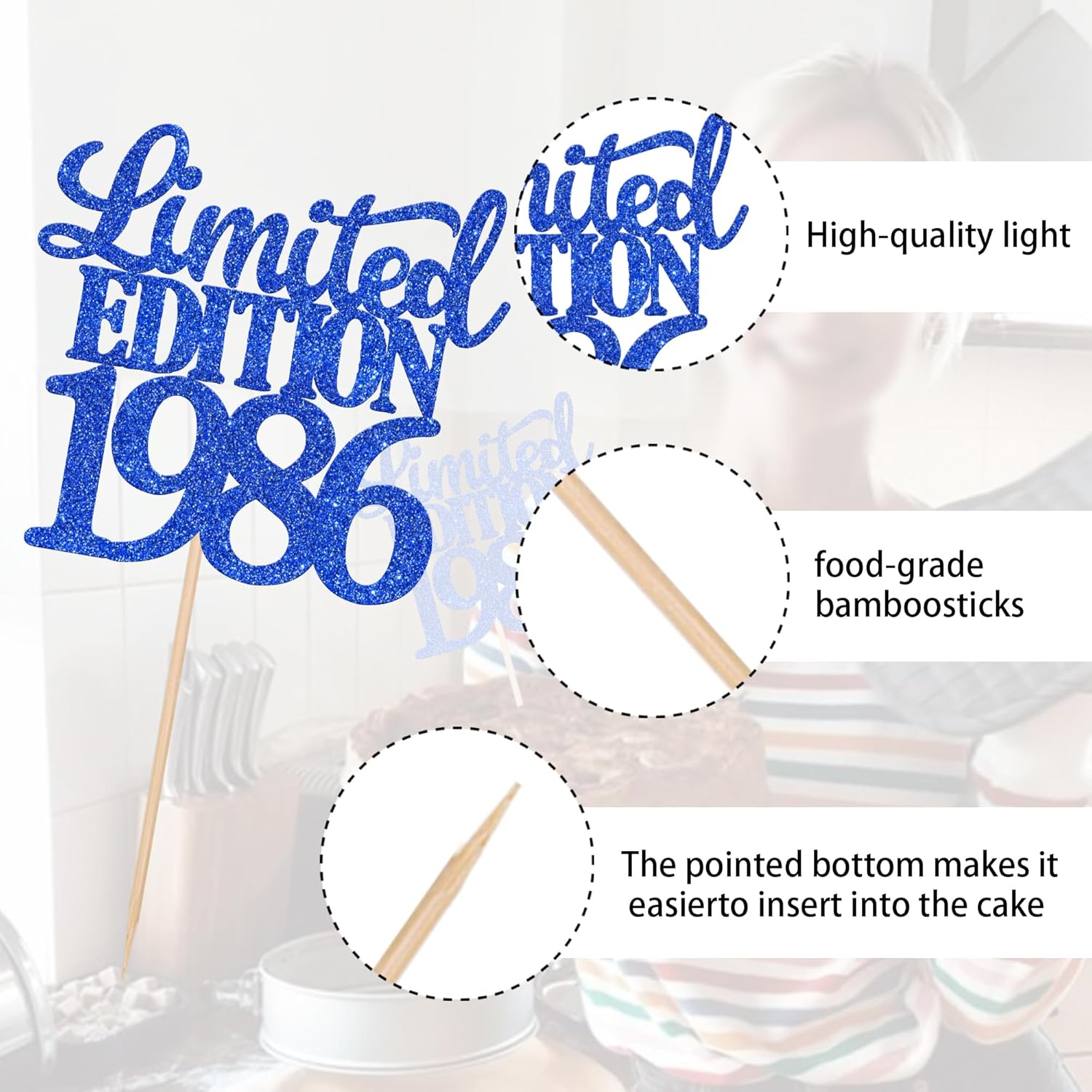 Thumbnail 2 de Limited Edition 1986 Cake Topper Glitzer – 40. Geburtstag, Blau, 23,5 cm