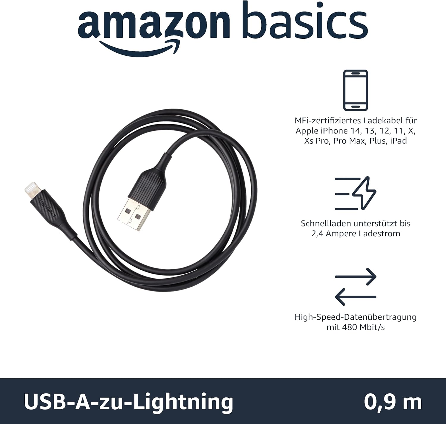 Detalle 2 de Amazon Basics Lightning-auf-USB-A Kabel, MFi-zertifiziert, 0,9 m, 2er-Pack – Schwarz