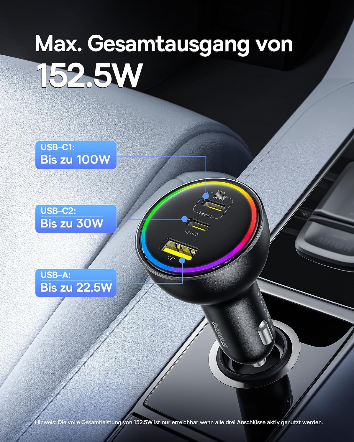 Thumbnail 1 de Baseus 152.5W Zigarettenanzünder USB-C 3 Ports – Hochleistungs-Ladegerät für Auto