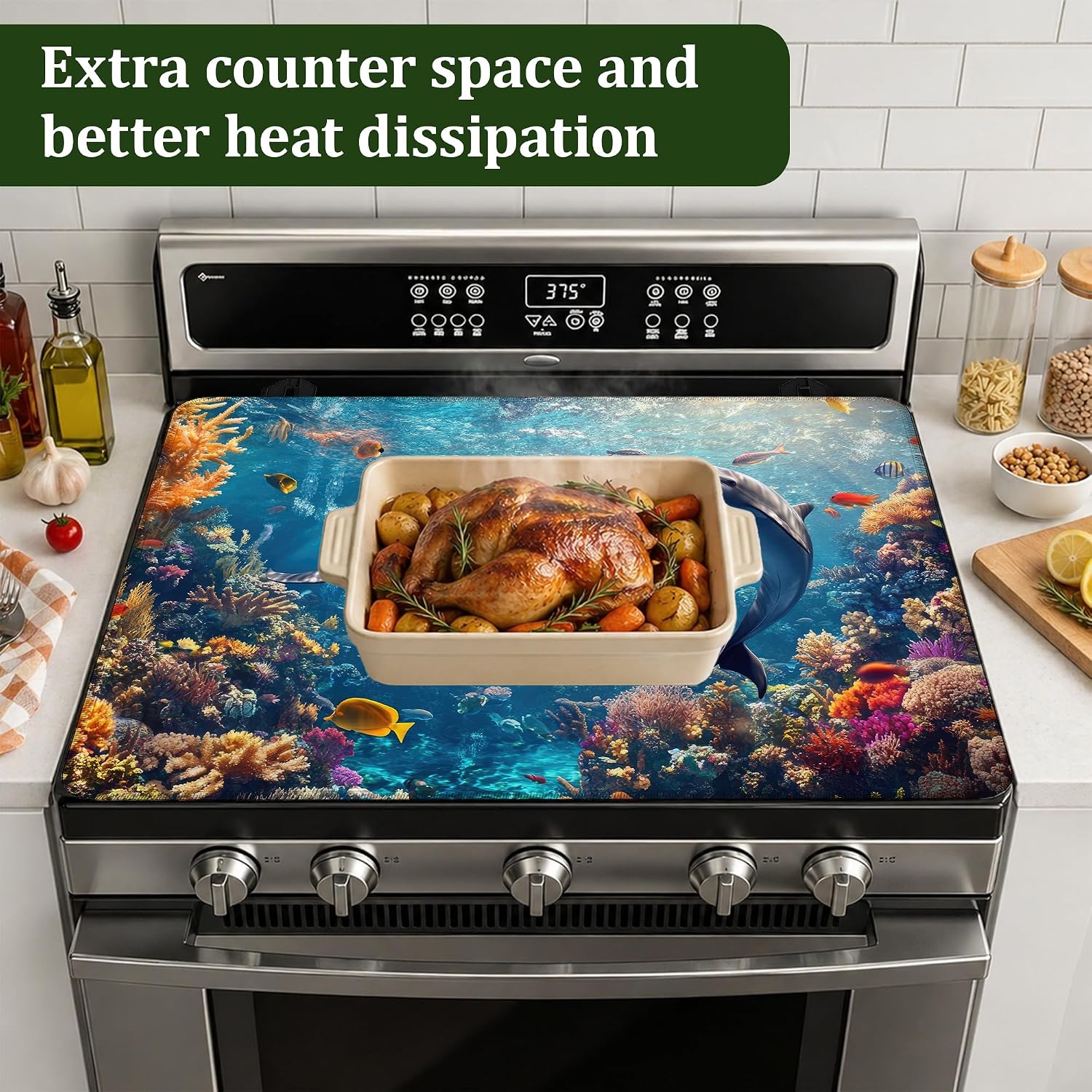Thumbnail 5 de Qvvhorx QVV-SC-123 Dolphin Coral Reef Ocean Stove Top Cover, 28.5 x 20.5 in