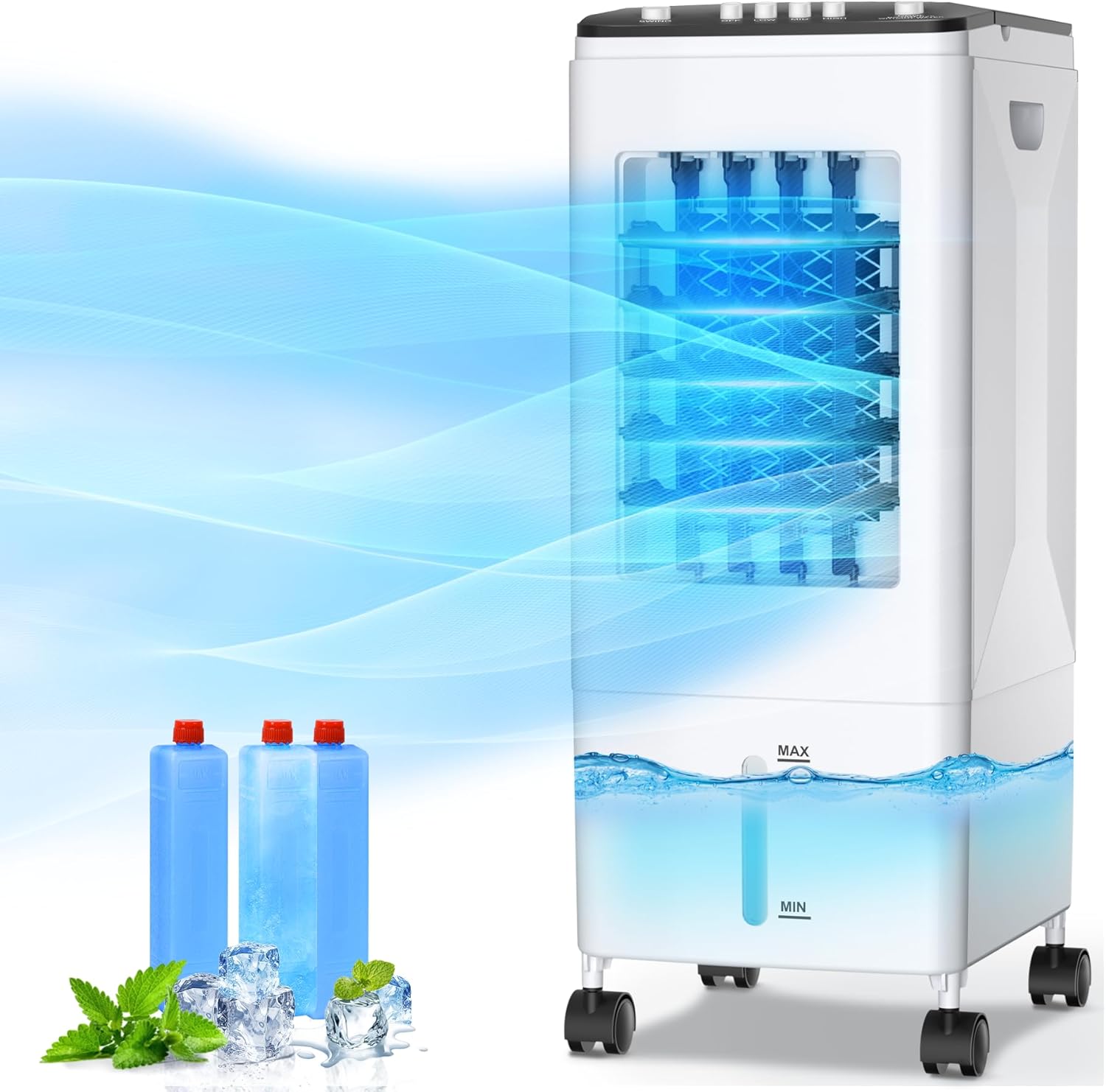 Portable Air Cooler Fan: 3-in-1 Evaporative Cooling with 6L Tank, Ice Packs and Quiet 60W Operation