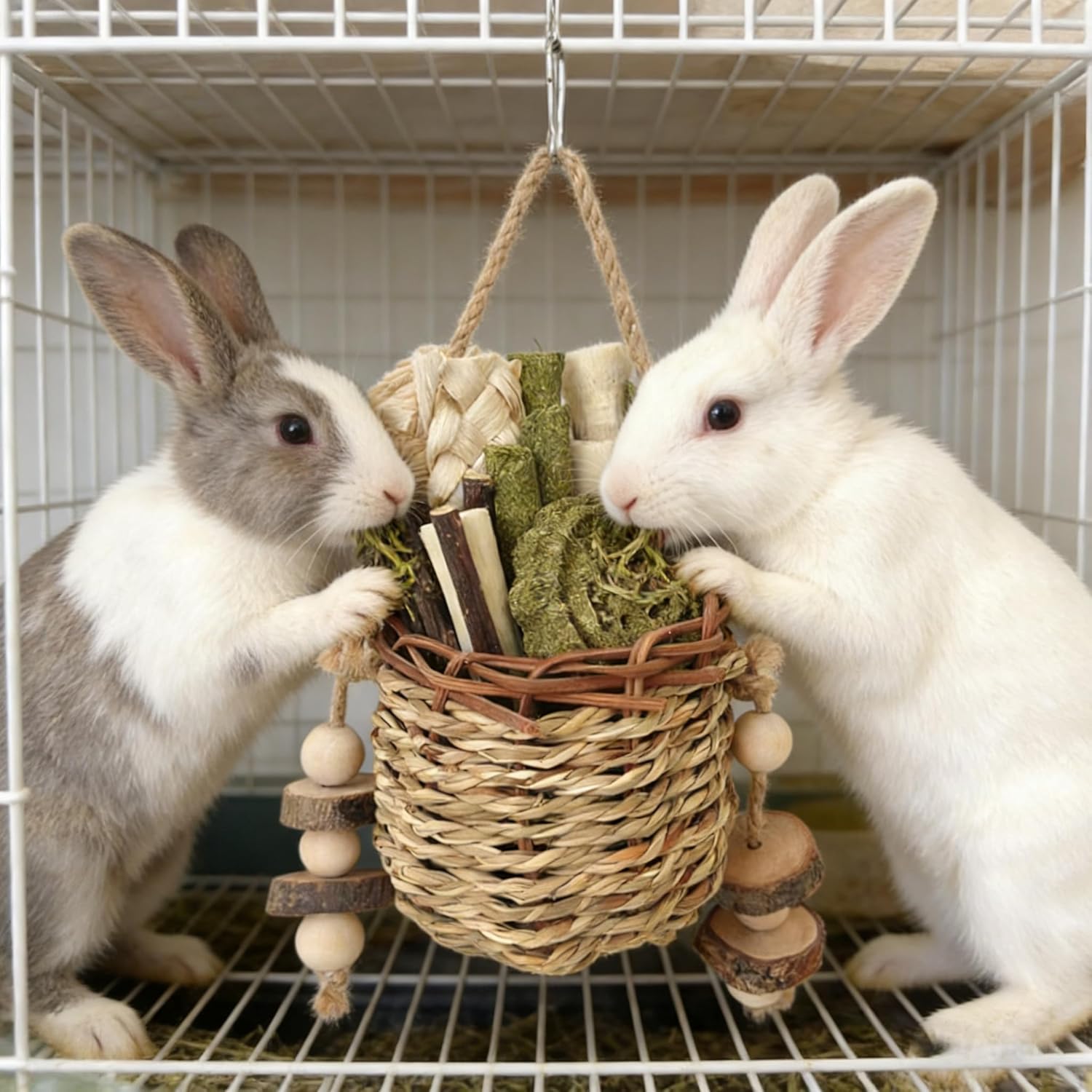 Detalle de Didabotak Bunny Chew Toys: Natural Seagrass Hanging Basket for Small Pets