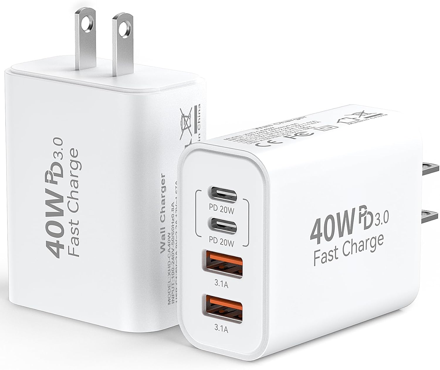 Detalle de Duloch USB-C Wall Fast Charger Block, 40W 4-Port (2x USB-C + 2x USB-A) — Multiport PD + QC 3.0 Charger