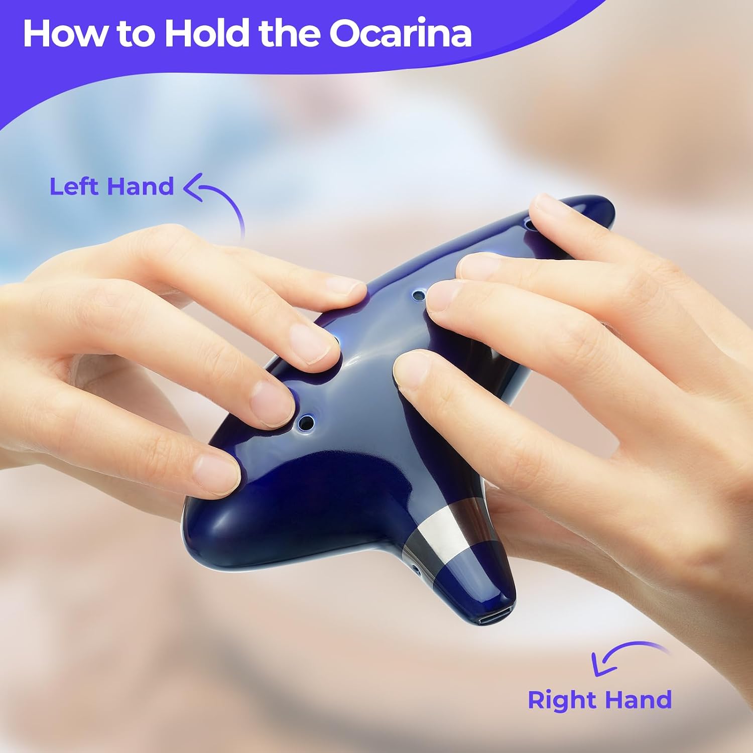 Detalle de Ohuhu Zelda Ocarina – 12-Loch Keramik-Okarina im Zelda-Design (Blau) mit Notenbuch, Display-Ständer, Halsband und Schutztasche