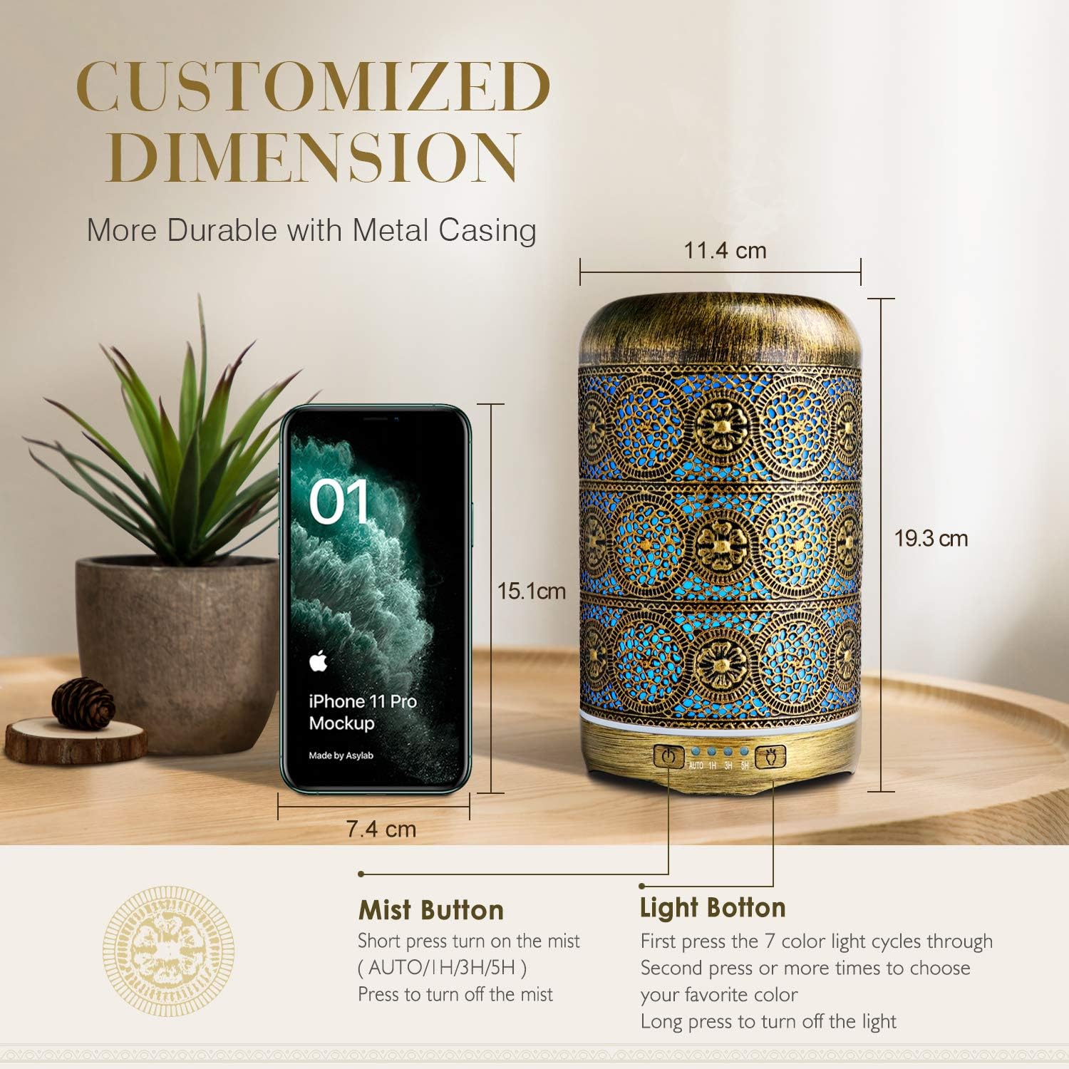 Thumbnail 4 de Salking Diffusore di Oli Essenziali 260 mL in Metallo — Umidificatore per Aromaterapia con 7 Colori e LED Vintage