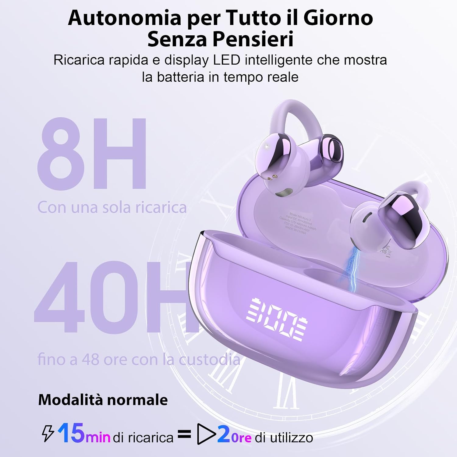 Detalle de Cuffie Bluetooth 5.4 con Conduzione Ossea Open Ear e Clip-On: Comfort, Resistenza IPX7 e Display LED