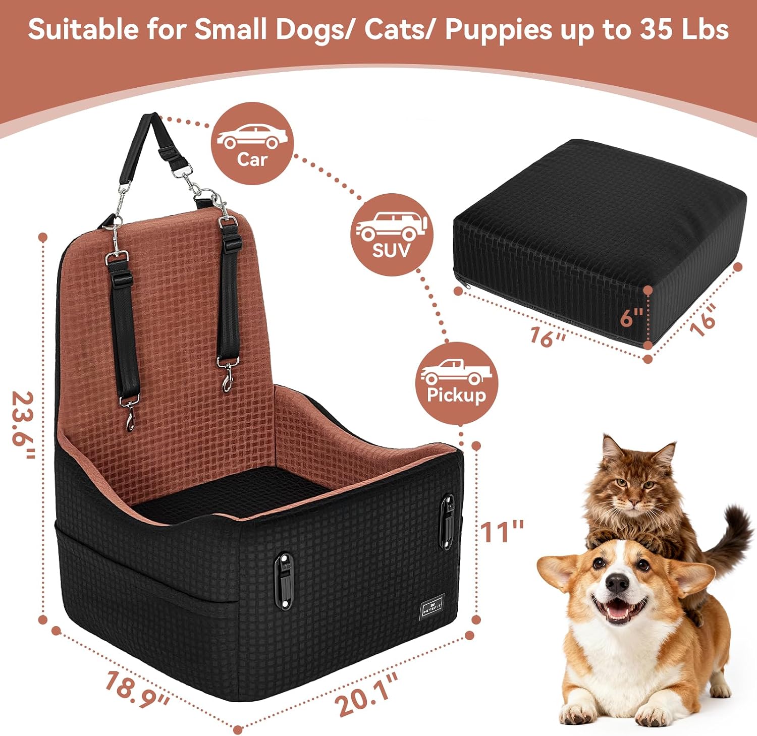 Detalle 2 de PETSFIT Siège auto pour chien (petits/moyens jusqu’à 15 kg) avec coussin mémoire de forme 15 cm, noir & marron