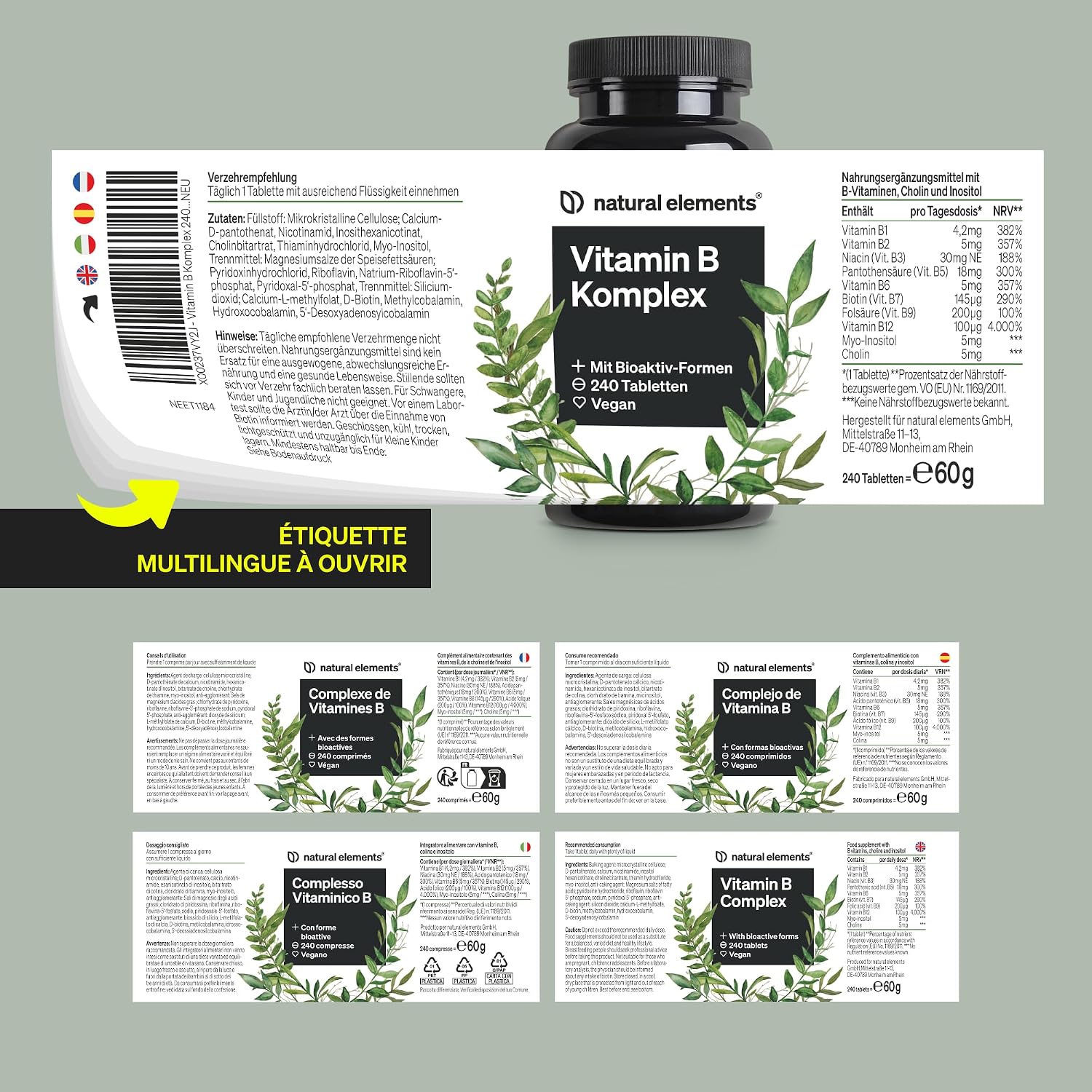 Detalle de Complexe de vitamines B – 240 comprimés (8 vitamines B + cofacteurs) végane, hautement dosé