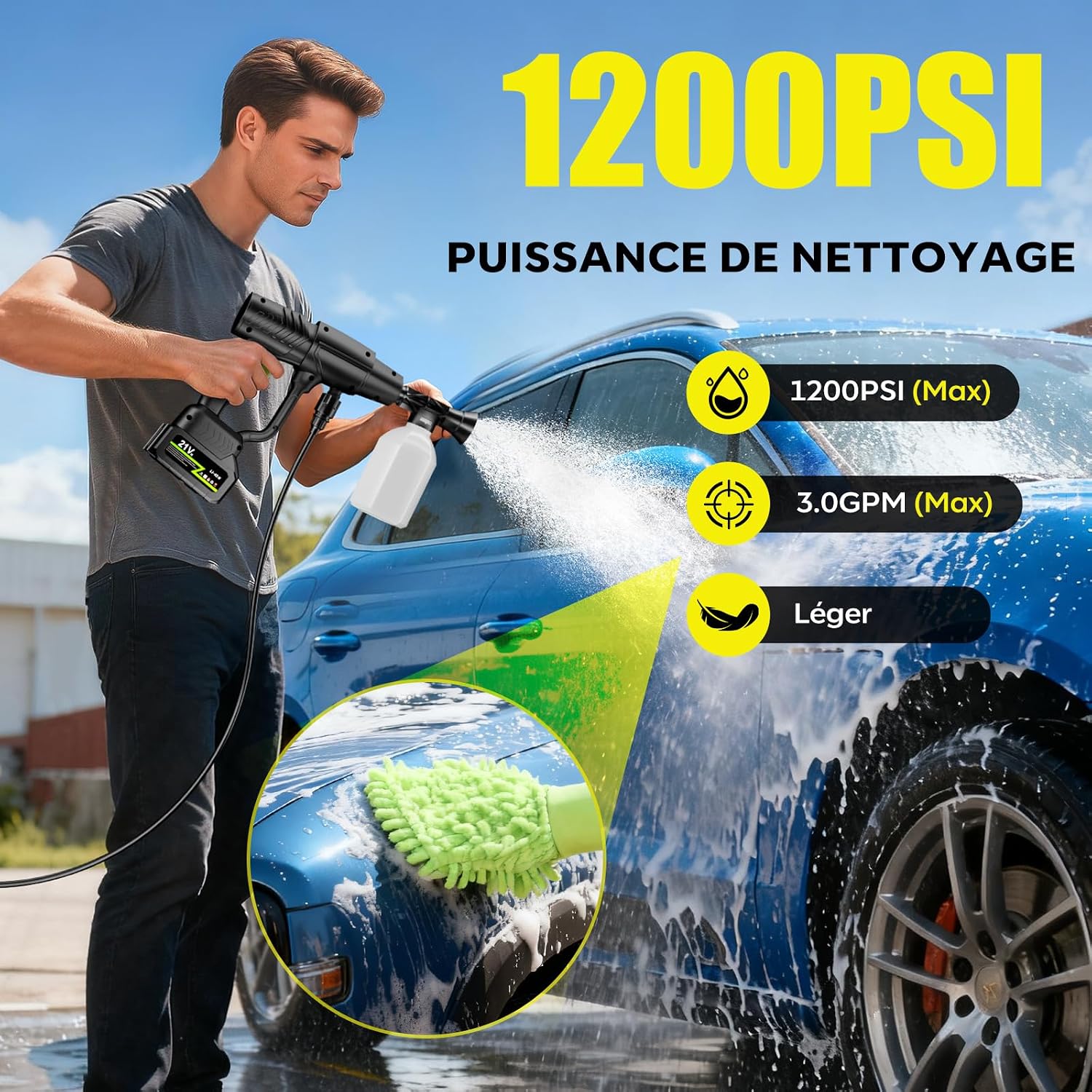 Detalle de YKYI Nettoyeur Haute Pression sans Fil 1200 PSI – 4,0 Ah, 7 m, 6-en-1, portable pour voiture et extérieur