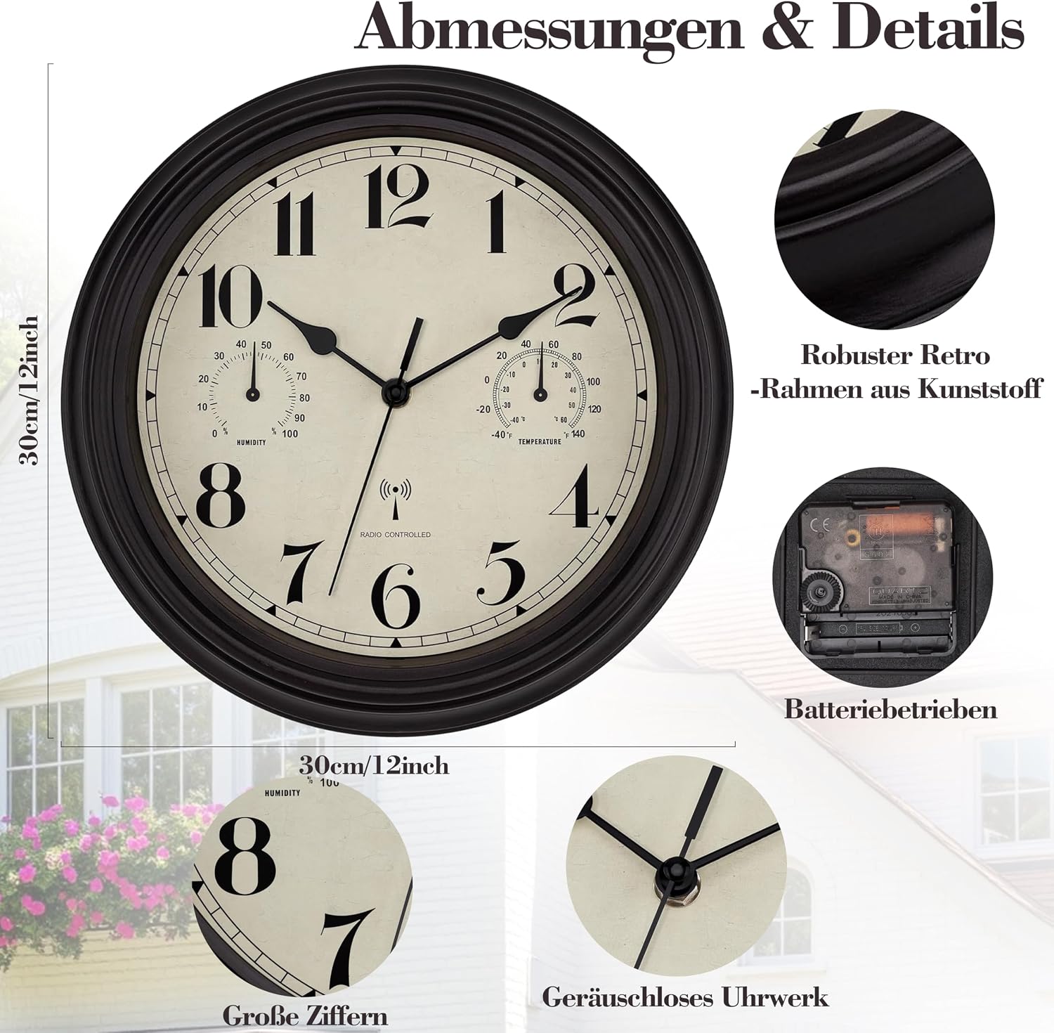 Detalle de Foxtop radiogestuurde wandklok van 30 cm met thermometer en hygrometer
