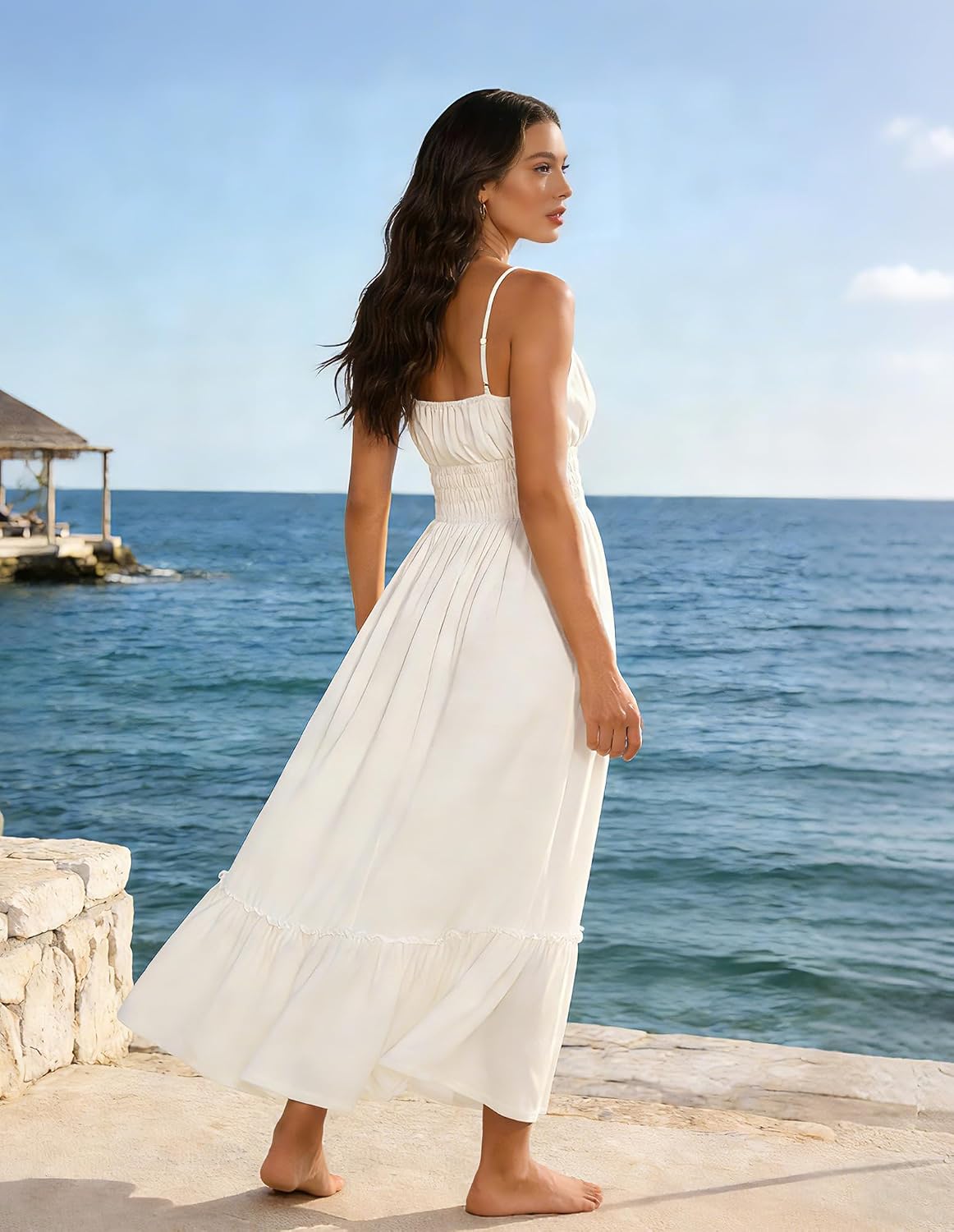 Detalle de GRACE KARIN Women's Summer Maxi Dress 2026: Smocked Ruched Bust Sundress with Adjustable Straps & Pockets