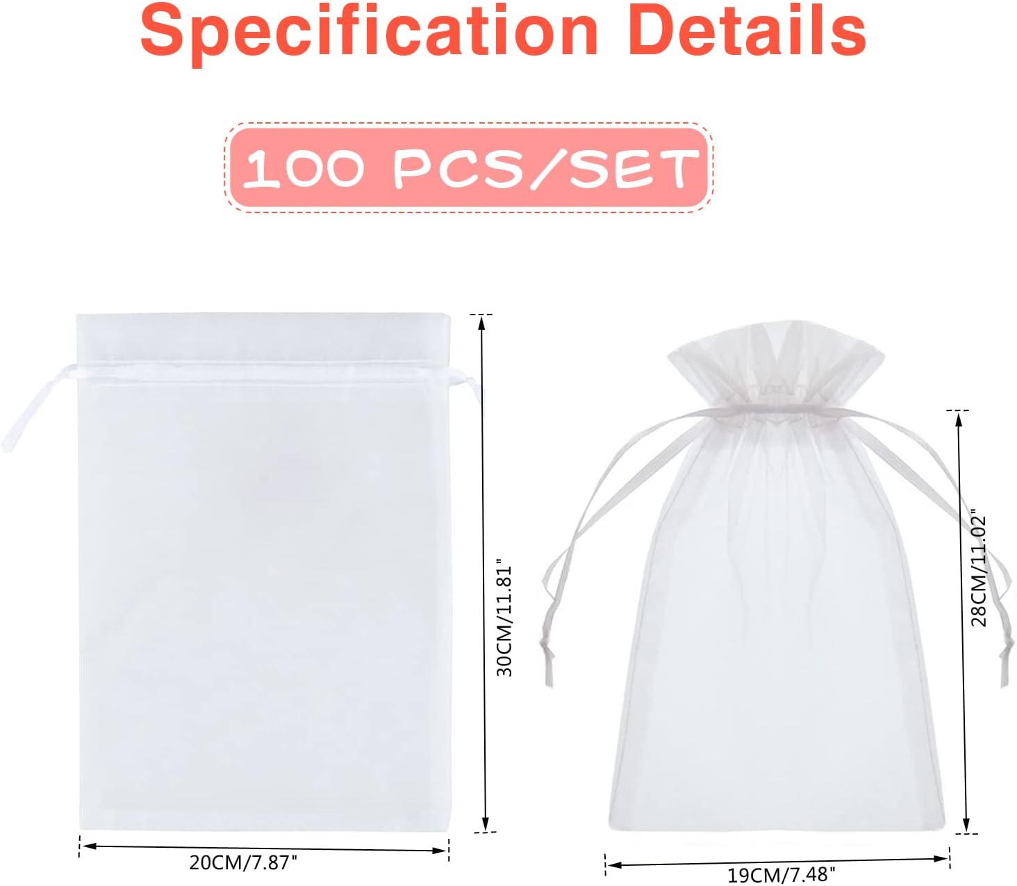 Detalle de YFZYT 100 PCS White Organza Gift Bags 20 x 30 cm with Satin Drawstrings