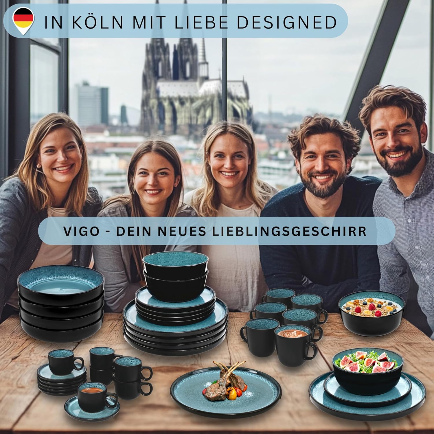 Detalle de SÄNGER Vigo Kombiservice für 6 Personen (30-tlg.) – blau-schwarzes Steingut-Geschirrset mit Pastateller, Kaffeebechern & mehr