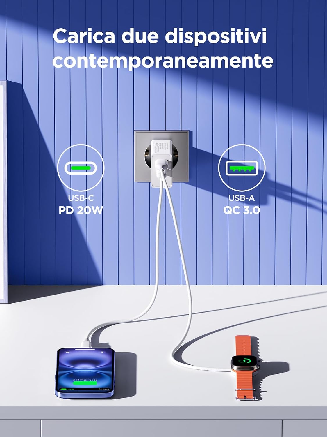 Detalle de Caricatore USB C, 2 Pezzi: 20W PD3.0 + QC3.0, Spina Tipo C – Alimentatore Multiplo per Casa, Ufficio e Viaggio