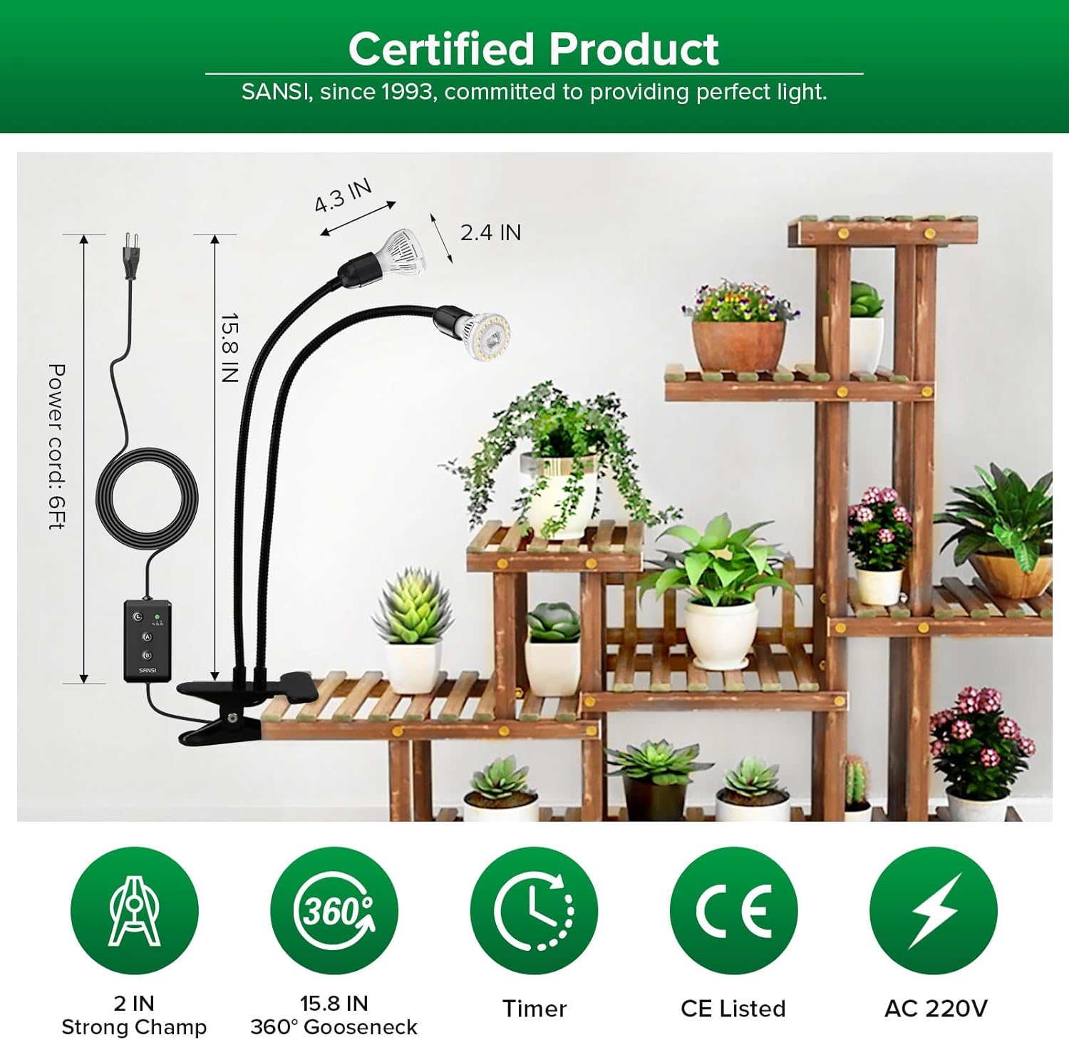 Thumbnail 6 de SANSI Lampada per piante LED da interno 20W a spettro completo con timer (clip a collo di cigno) per serre e giardino