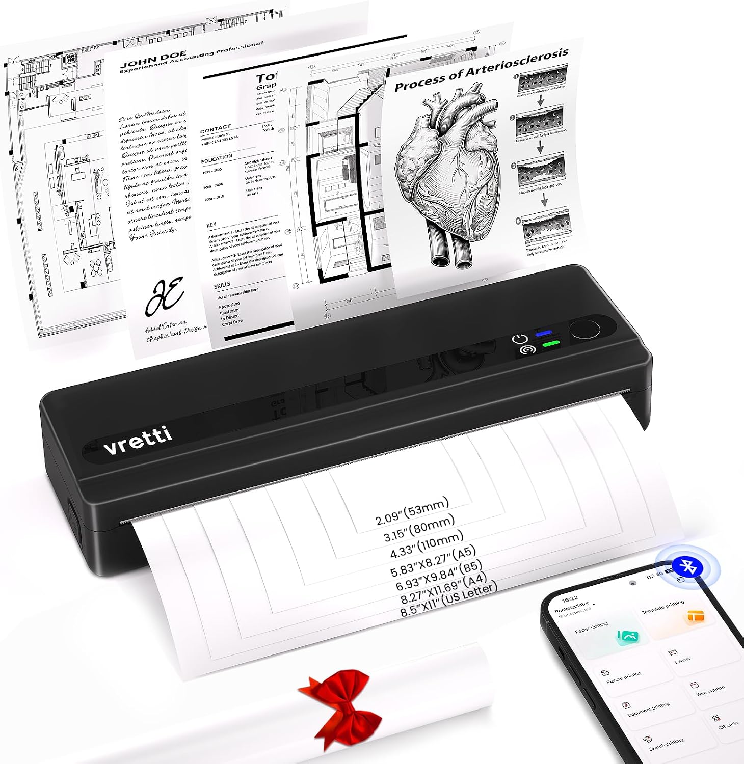 Detalle de vretti PB821 Mobiler Thermodrucker – Bluetooth/USB, A4-Thermopapier, kompakt & tragbar