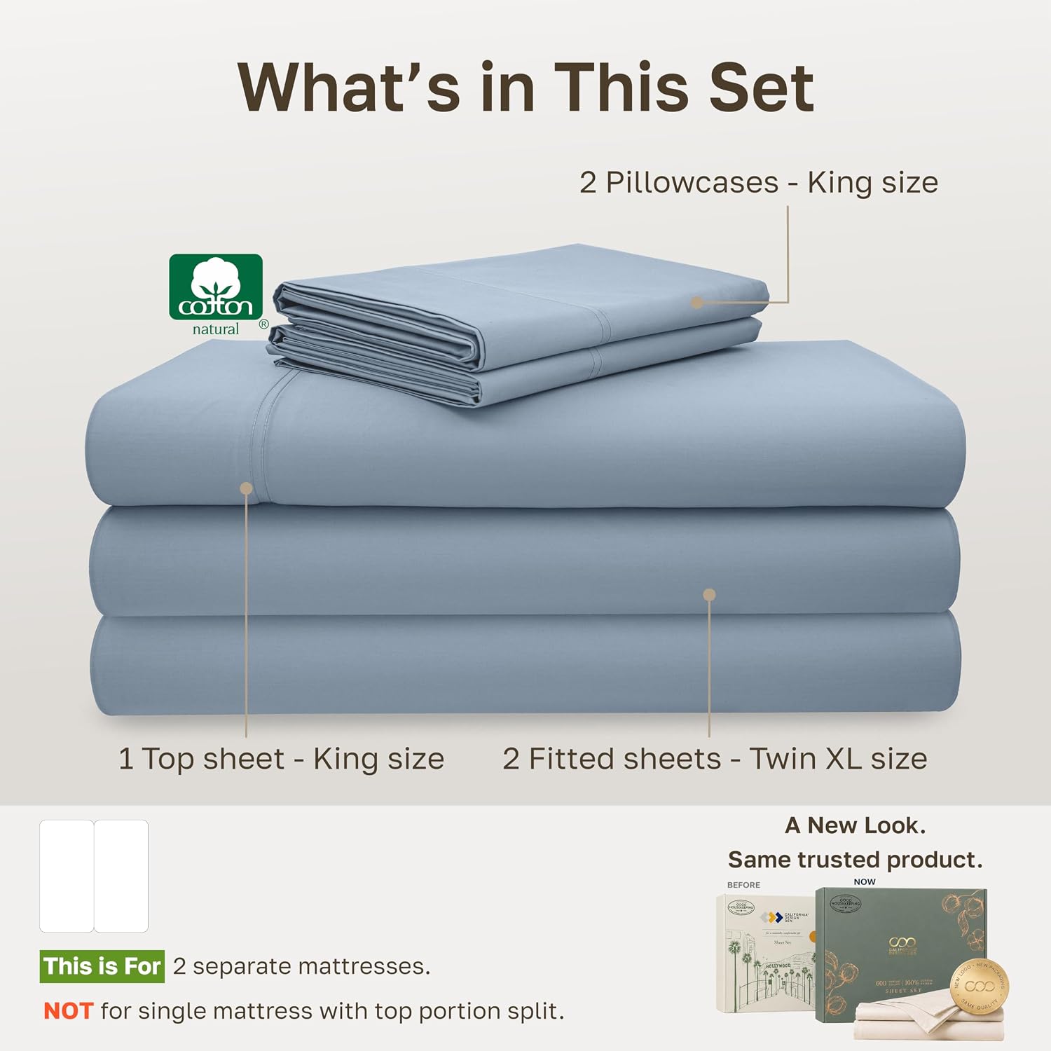 Detalle 2 de California Design Den 600 Thread Count Split King Sheets, Cotton Sateen, Blue