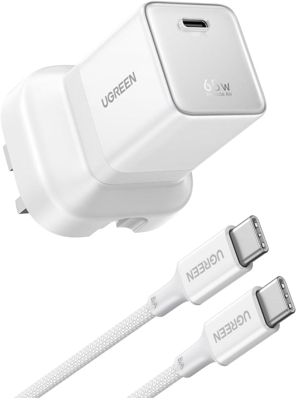 Detalle de UGREEN Nexode Air 65W USB C Charger with Cable (White) – Ultra Slim GaN Fast Charger