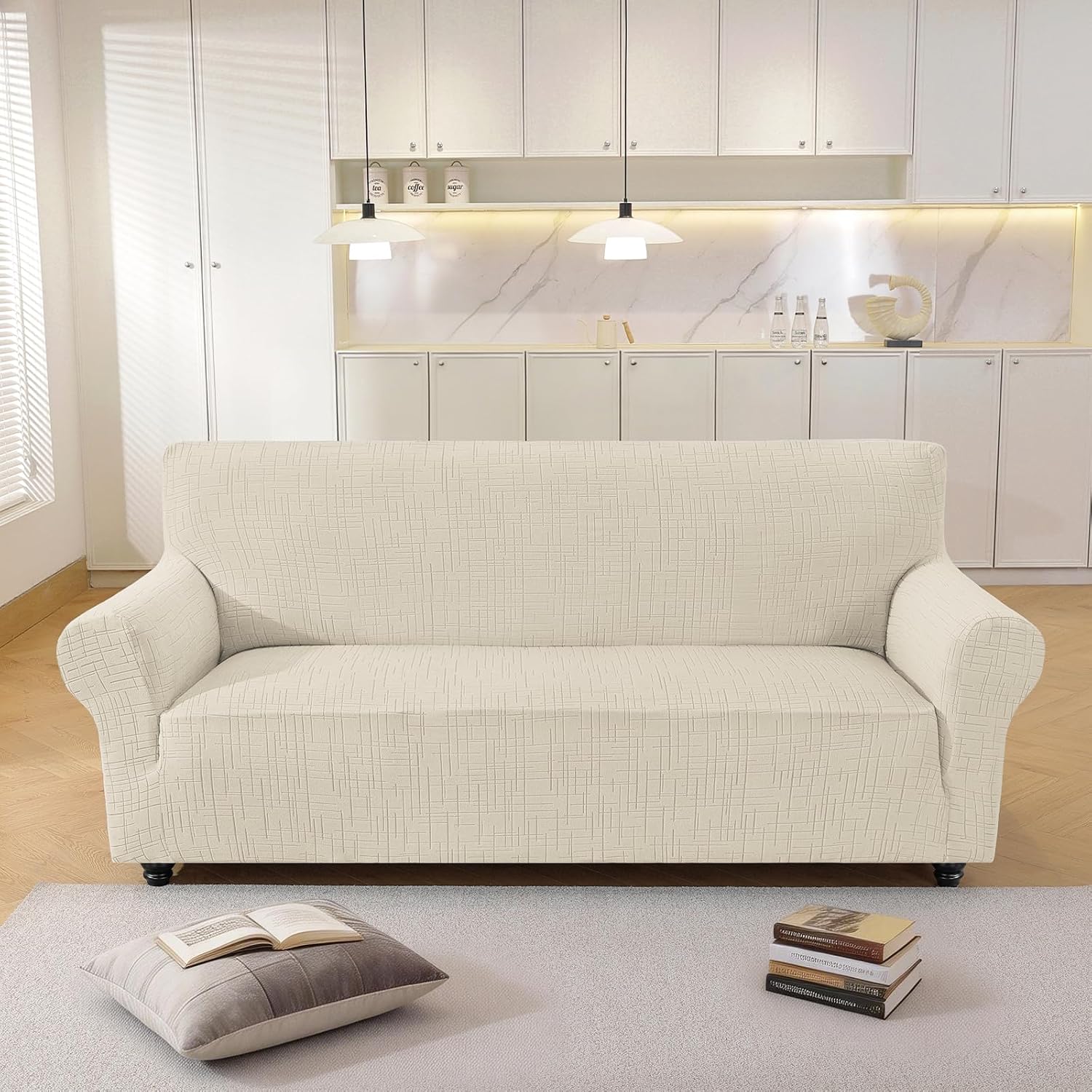 Detalle de YSTELLAA Copridivano 3 posti con braccioli beige elasticizzato, lavabile e antiscivolo