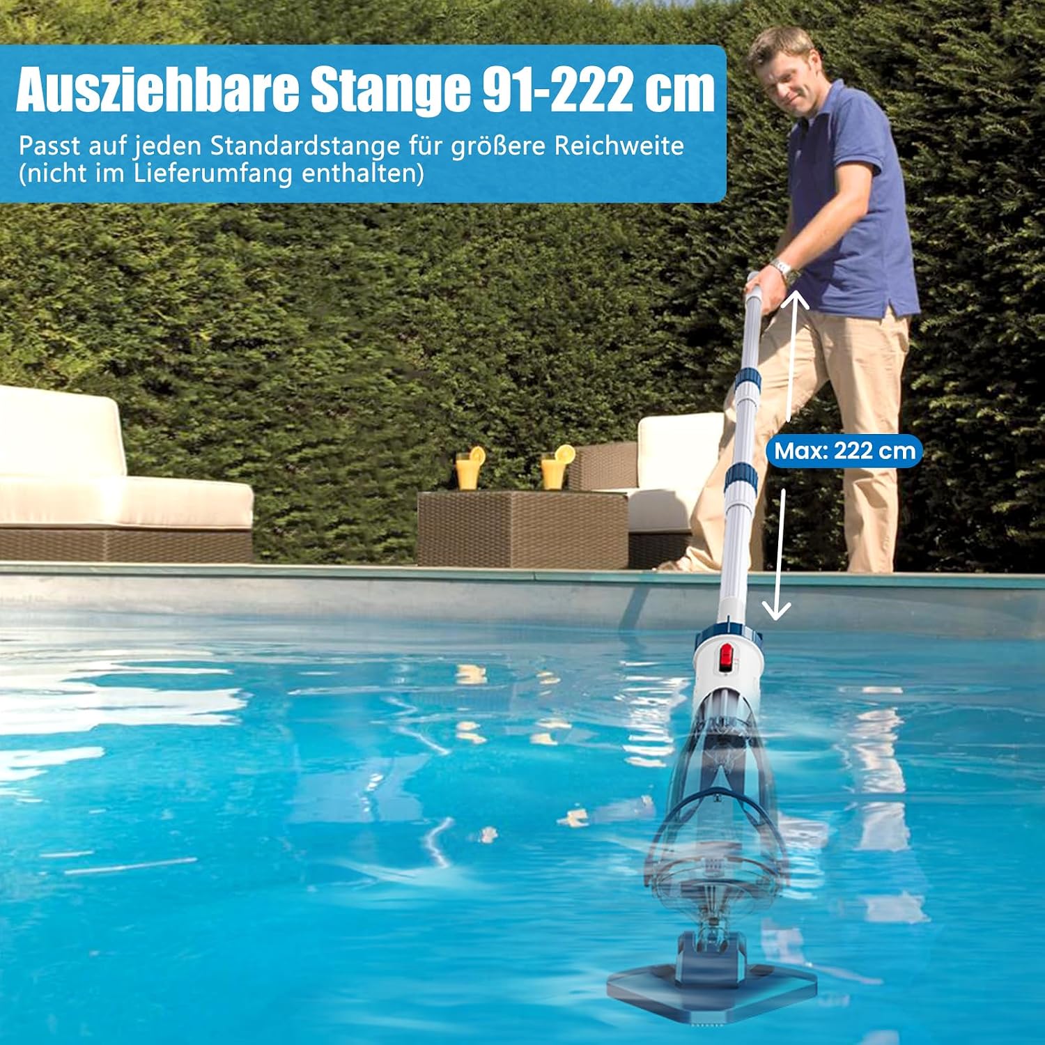 Detalle de Enhulk Akku-Poolsauger mit Teleskopstange (bis zu 60 Minuten, 222 cm) und 4 Filtereinsätzen