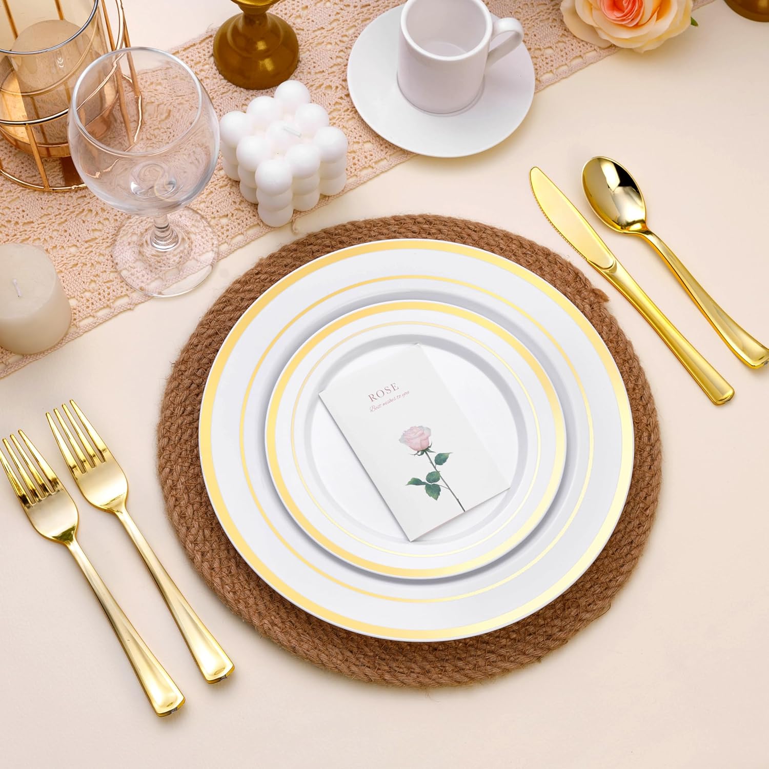 Thumbnail 2 de BESTSTAR 100PCS White Plastic Plates with Gold Rim, 10.25-Inch Heavy-Duty Disposable Party Dinner Plates