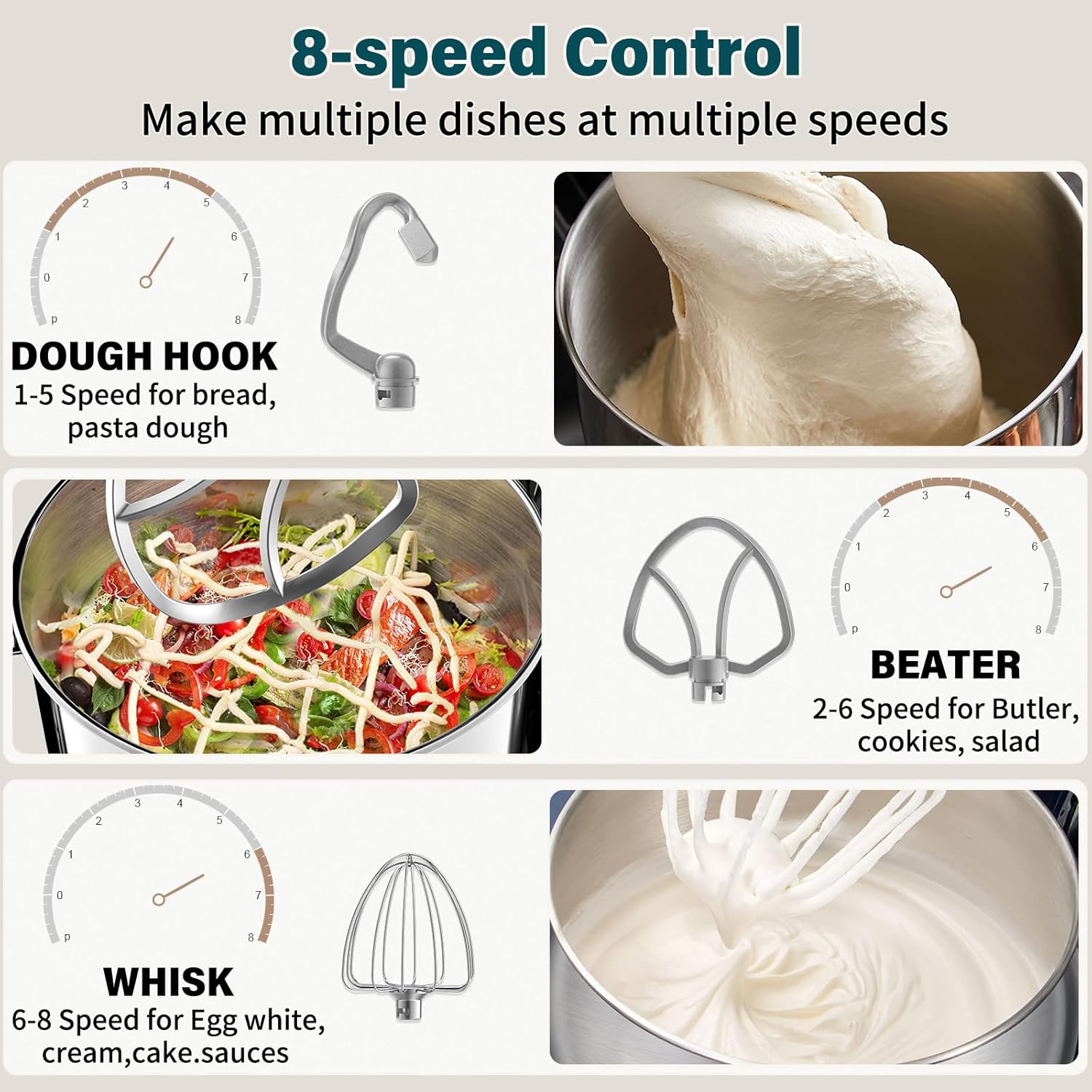 Thumbnail 4 de Vospeed Stand Mixer with 4.5L + 5L bowls, 8-speed 1000W tilt-head electric mixer