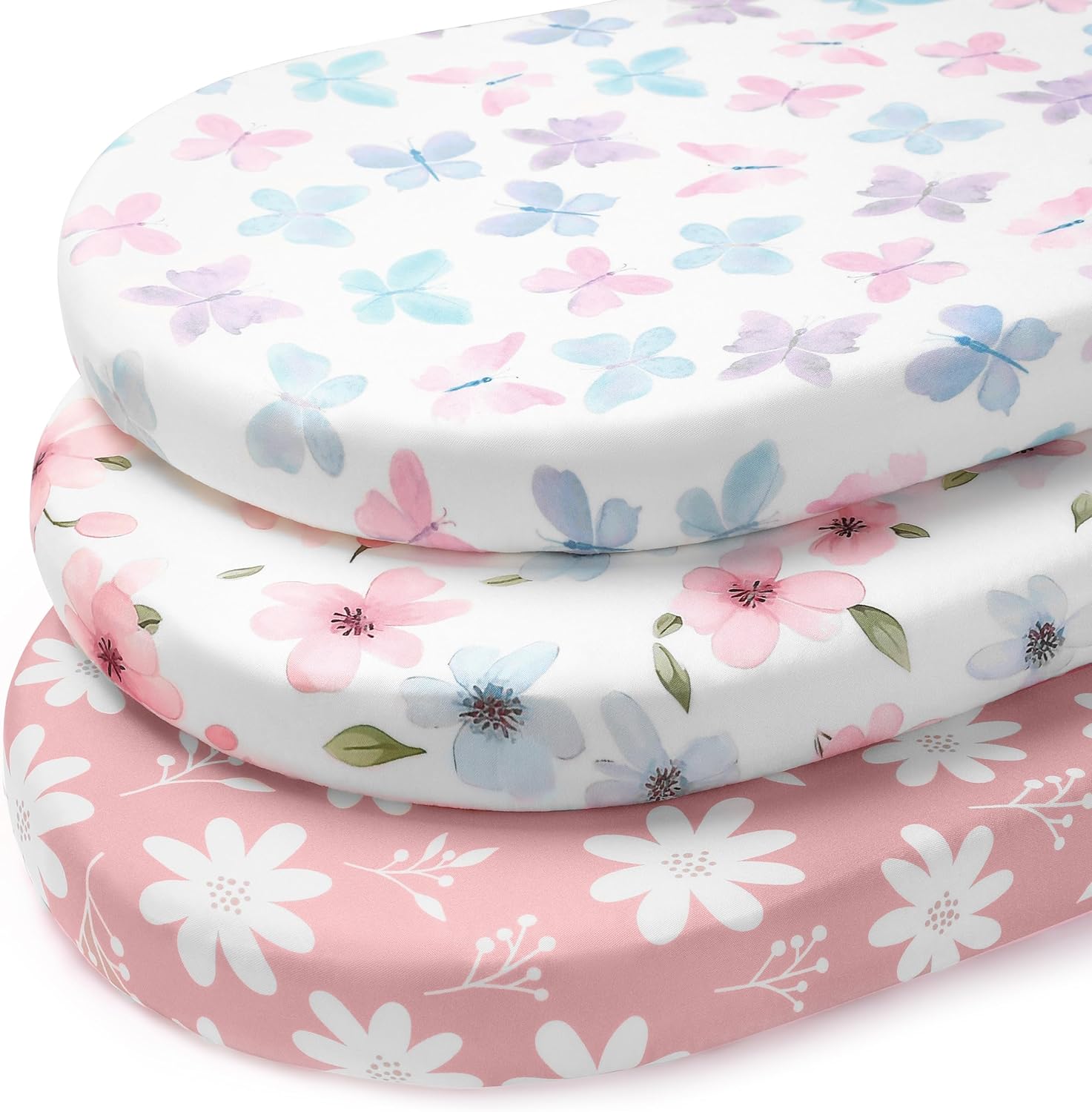 FIEMOL Baby Moses Basket Sheets (3 Pack) – 81x41 cm fitted pram sheets in pink butterfly print