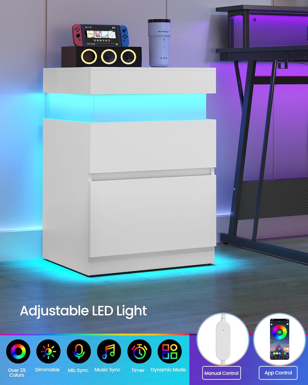 Thumbnail 4 de VASAGLE ULET840WB03 KAILYN Nightstand with Sliding Lid, Charging and LEDs