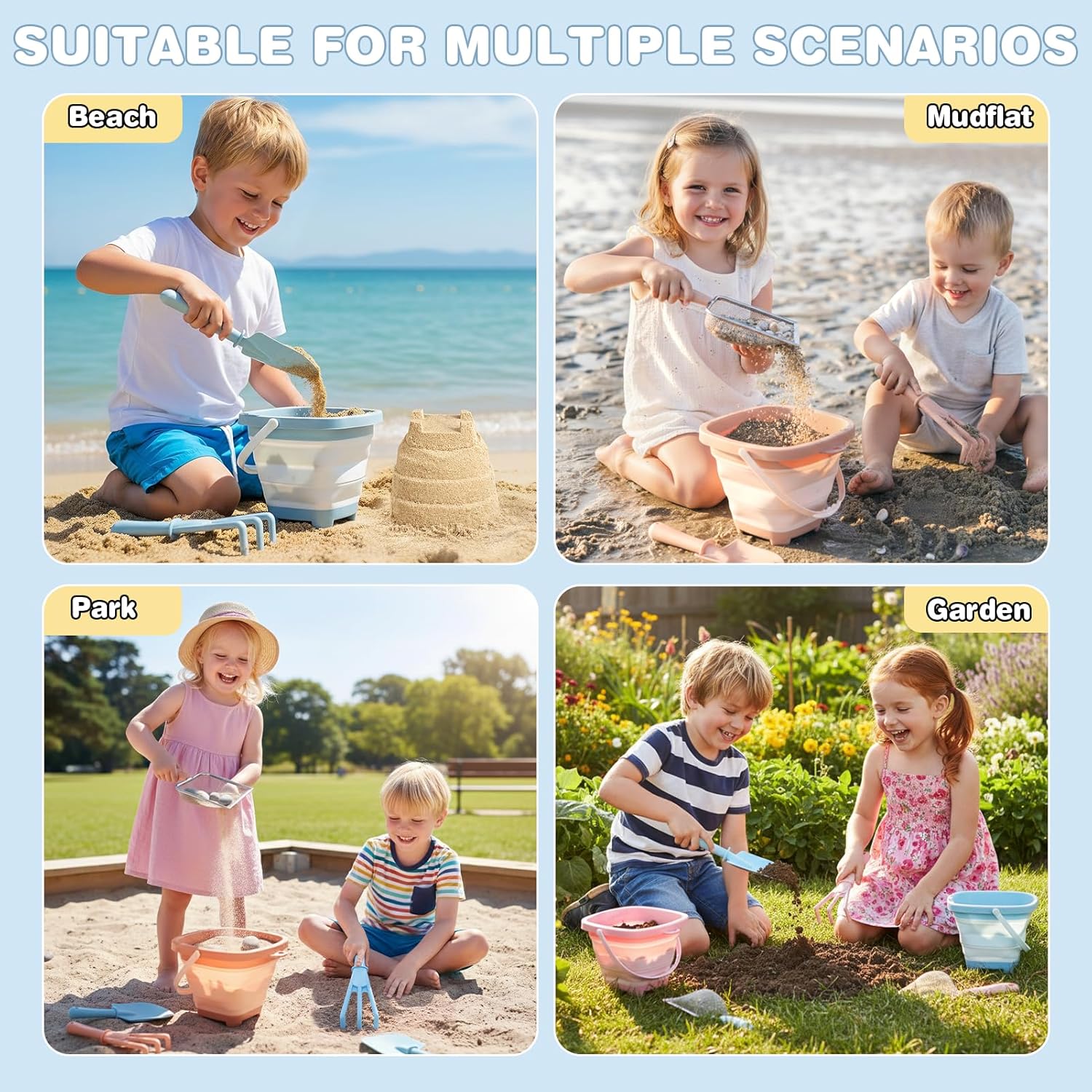 Detalle de Dreamon Beach Sand Toys 3 Set: Collapsible Buckets, Shovels & More for Shared Beach Fun