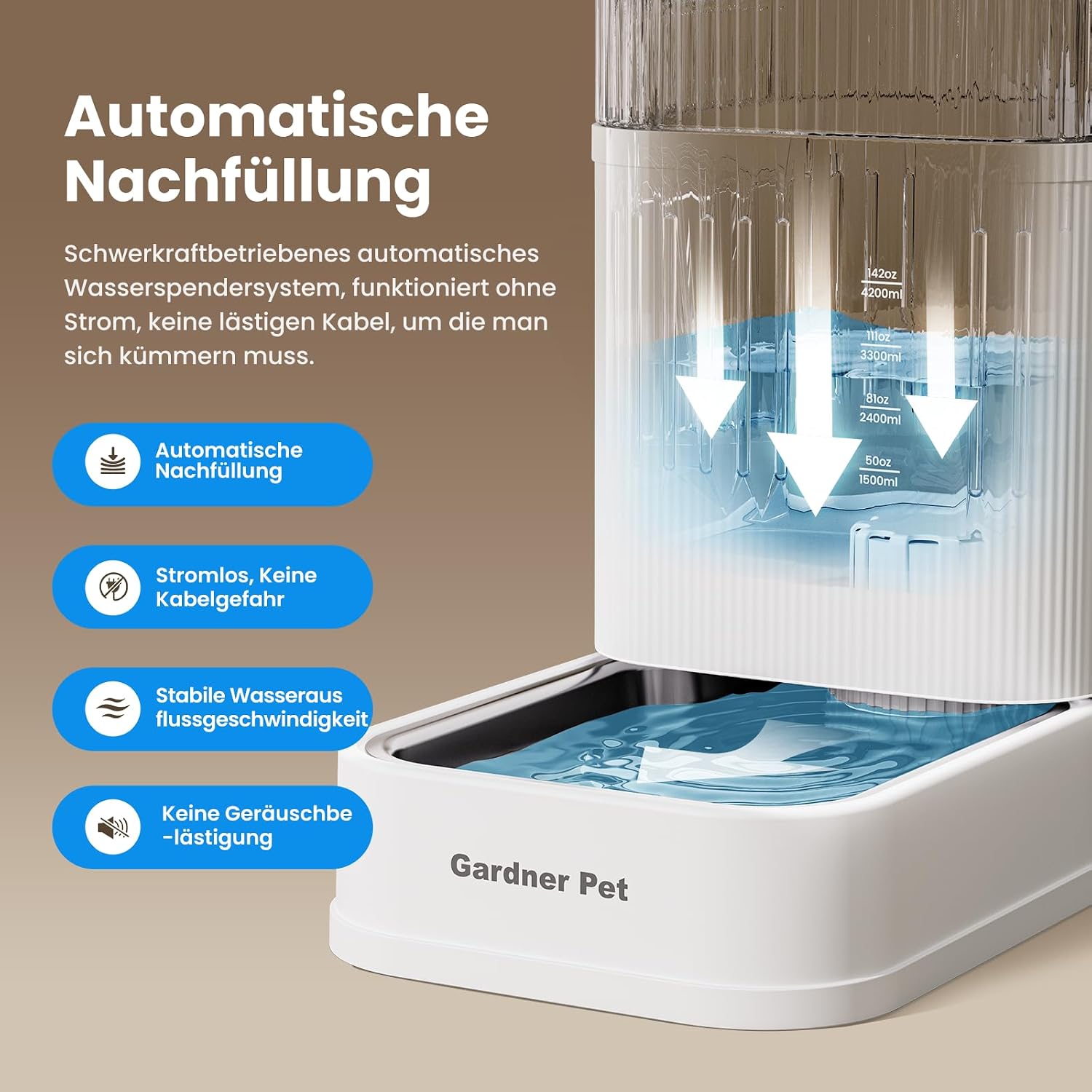 Detalle de Gardner Pet 8,5L automatischer Wasserspender mit Schwerkraftsystem (Edelstahlschüssel, BPA-frei, ohne Strom)