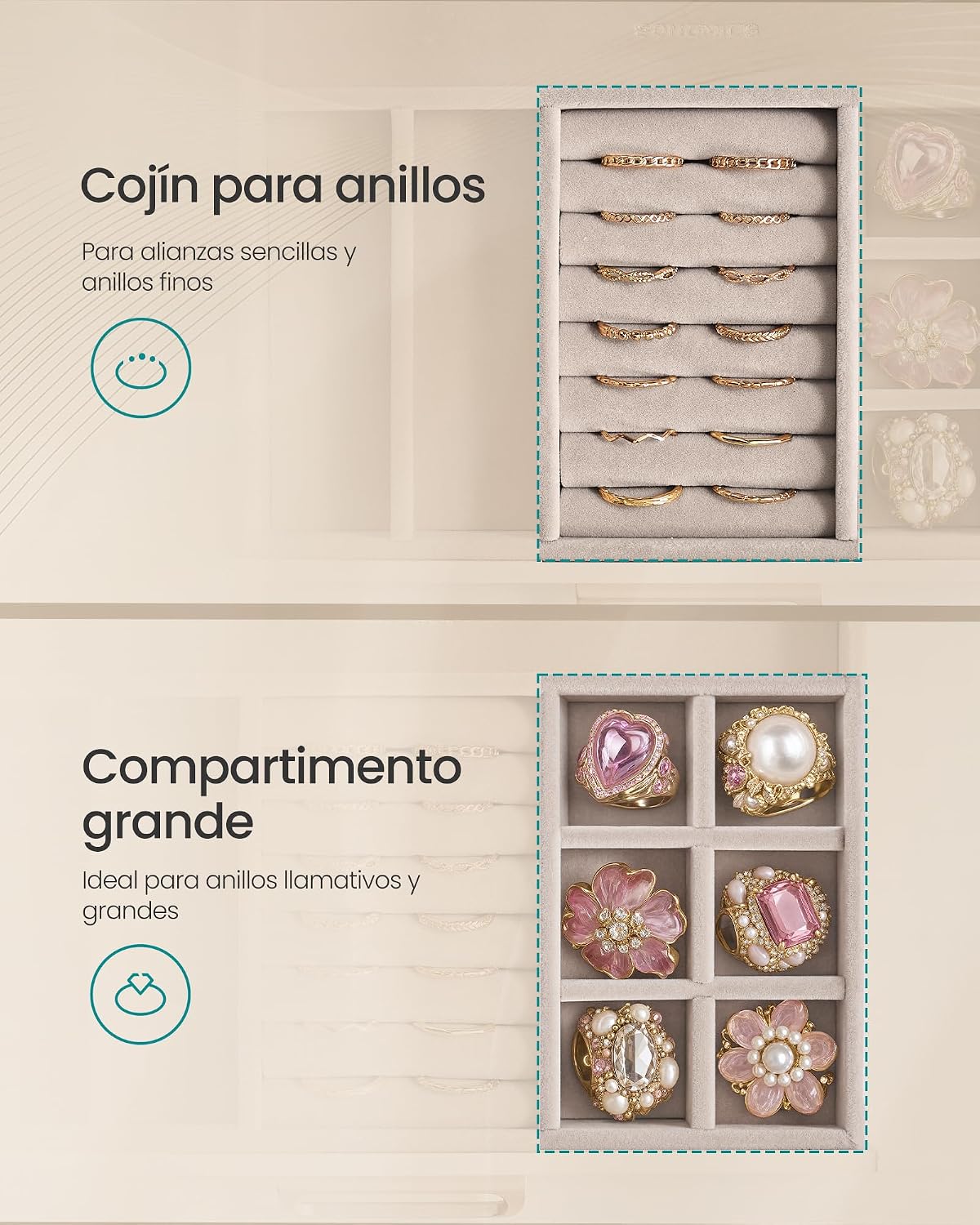 Thumbnail 6 de SONGMICS Joyero con 7 cajones y tapa de cristal – Organizador elegante para joyas